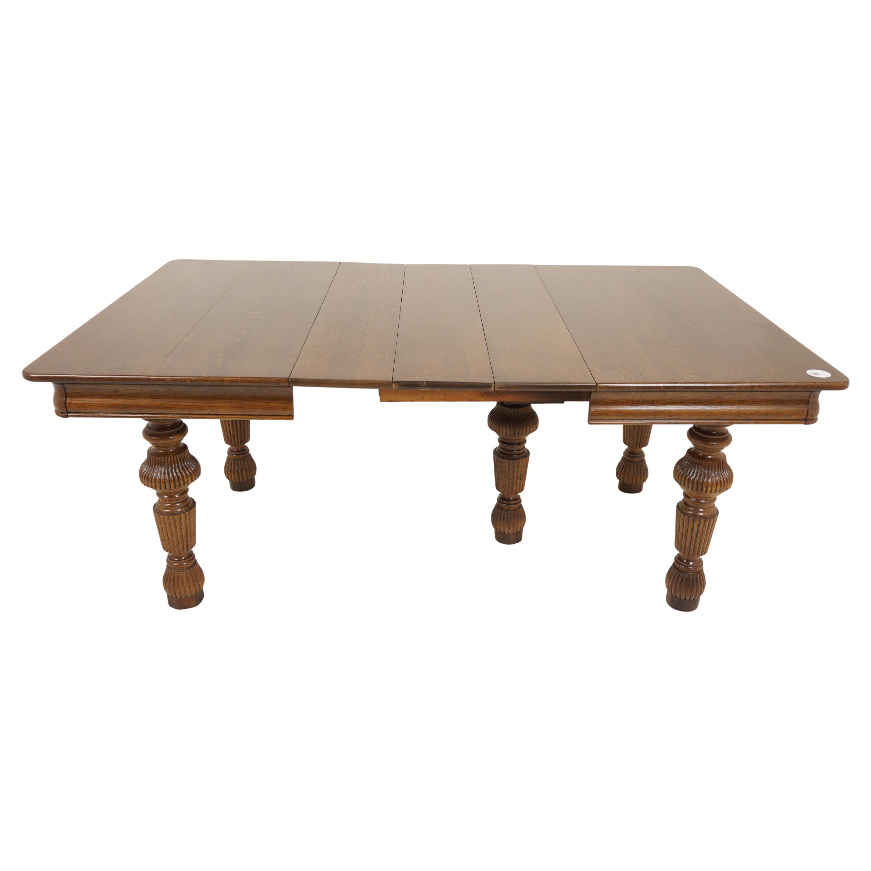 Antique Tiger Oak Dining Table, 3 Leaves, 5 Legs, American 1910, H691