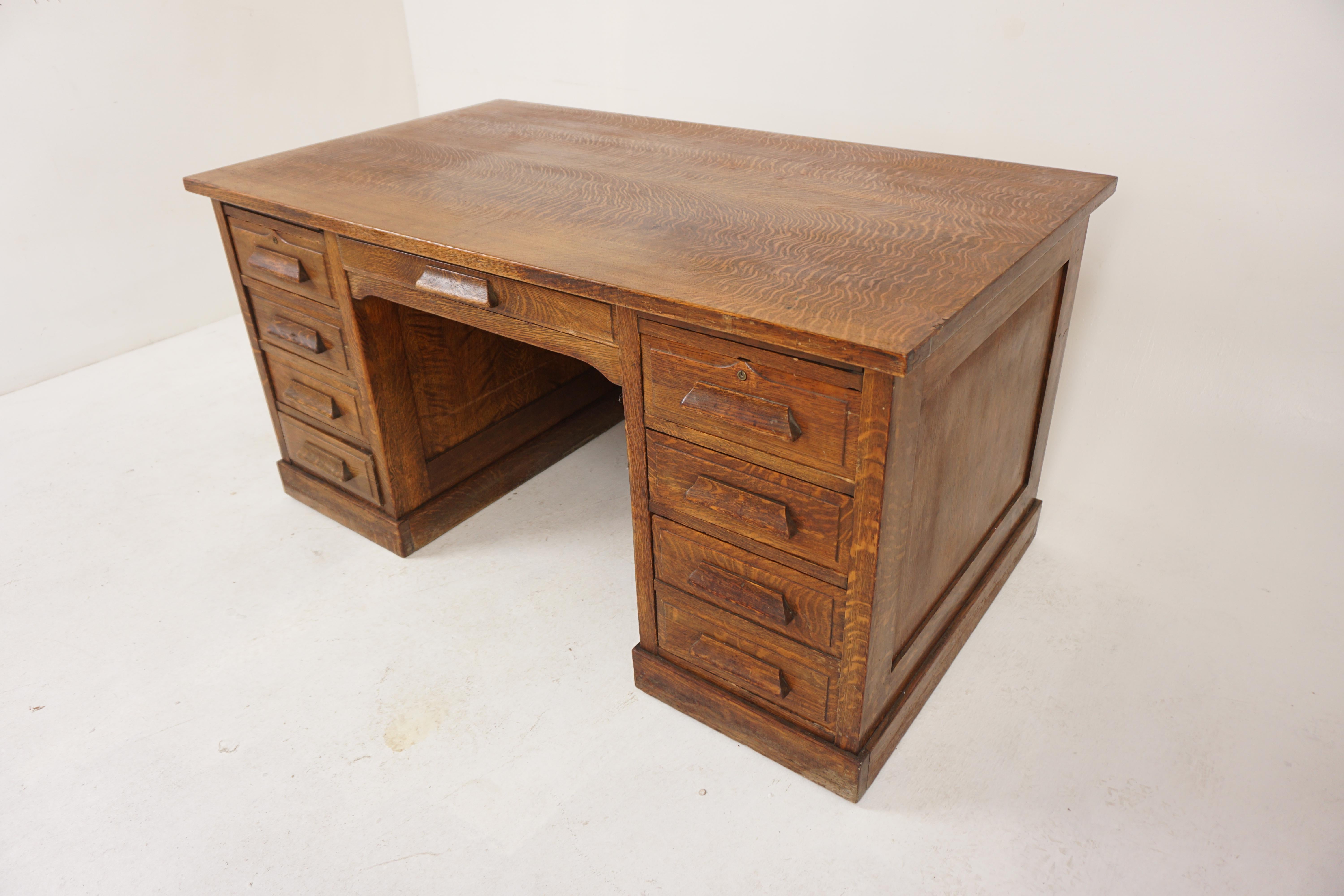 Antique Tiger Oak Double Pedestal Free Standing Desk, Scotland 1900, H936

Scotland 1920
Solid oak 
Original Finish
Rectangular moulded top
With tambour front
Opening to reveal numerous drawers and pigeon holes
The front with three drawers to the