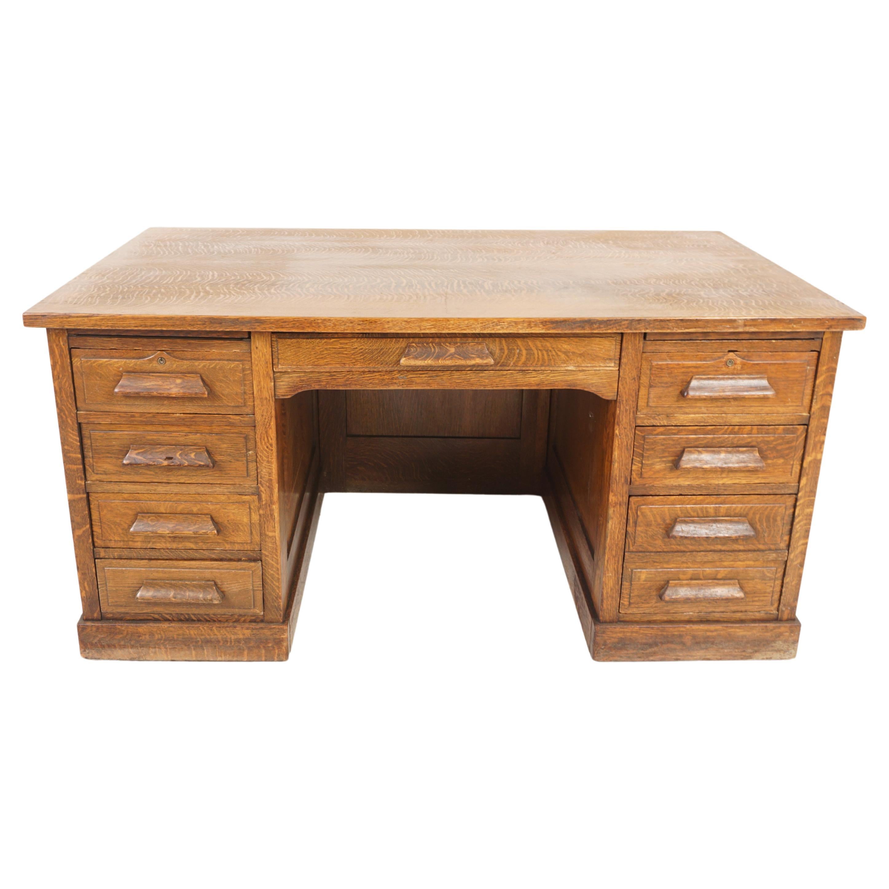 Antique Tiger Oak Double Pedestal Free Standing Desk, Scotland 1900, H936 For Sale