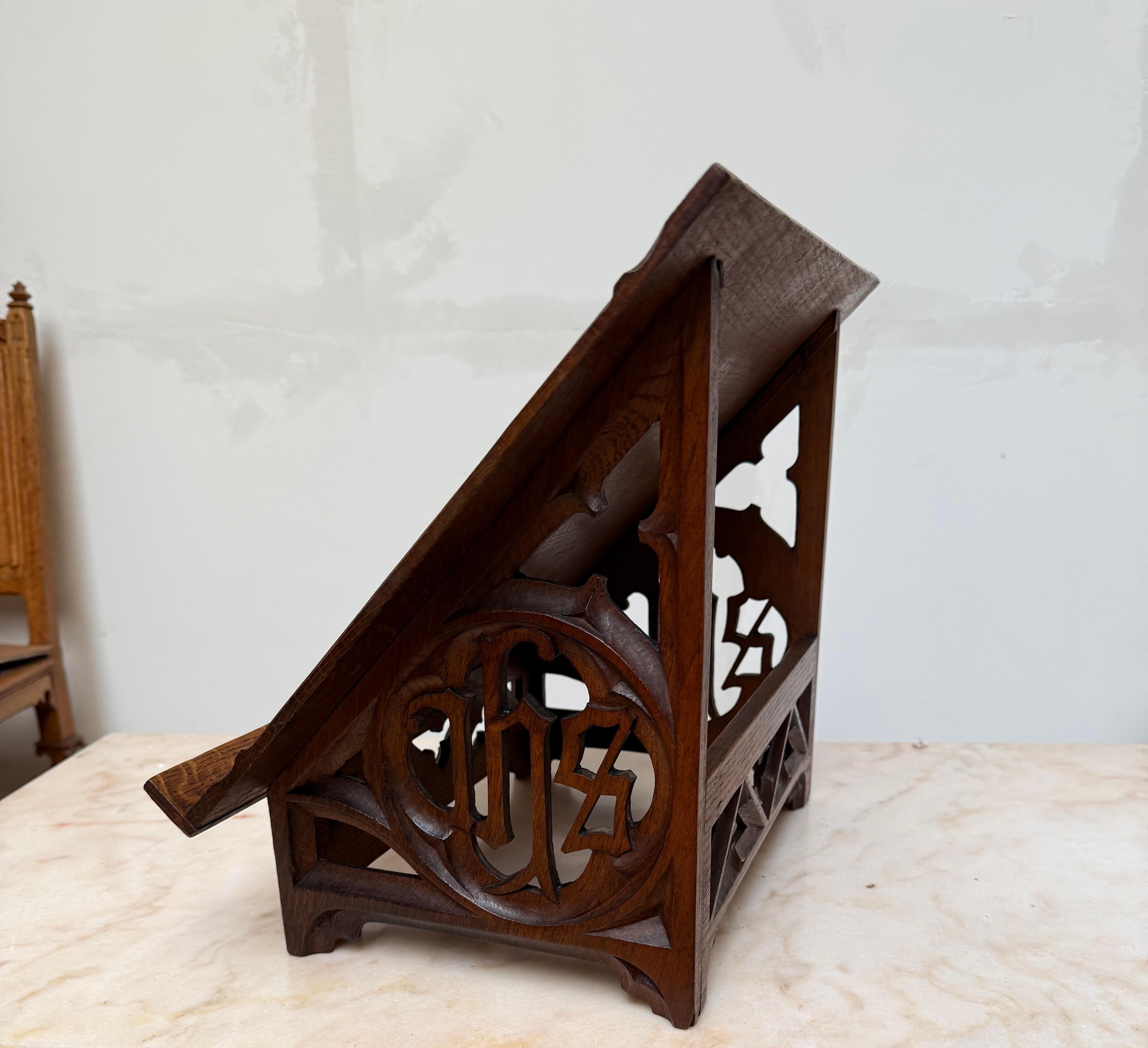 Antique Carved Oak Gothic Revival Bible Stand / Church Book Stand w IHS Symbols For Sale 3
