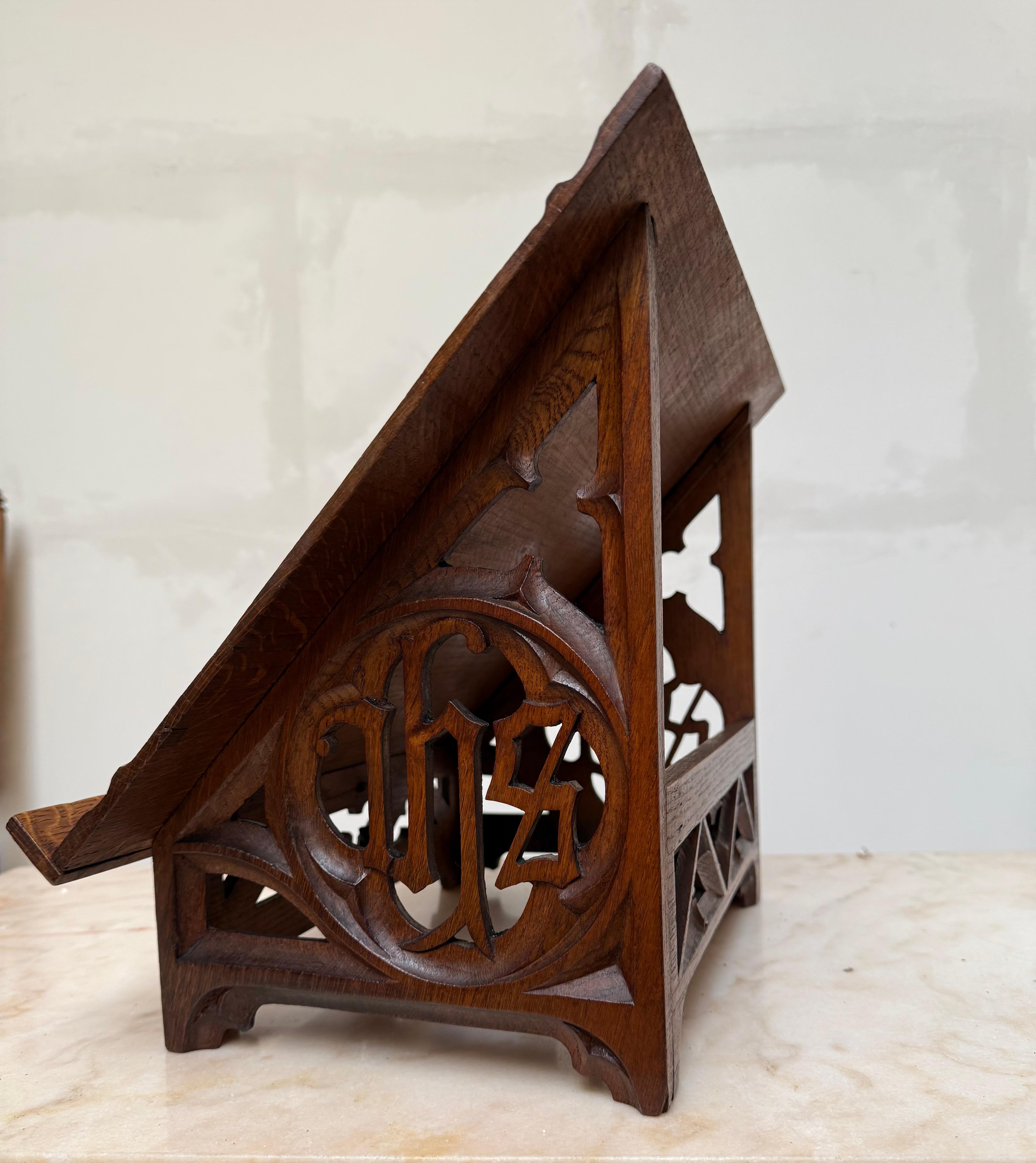 Antique Carved Oak Gothic Revival Bible Stand / Church Book Stand w IHS Symbols For Sale 4