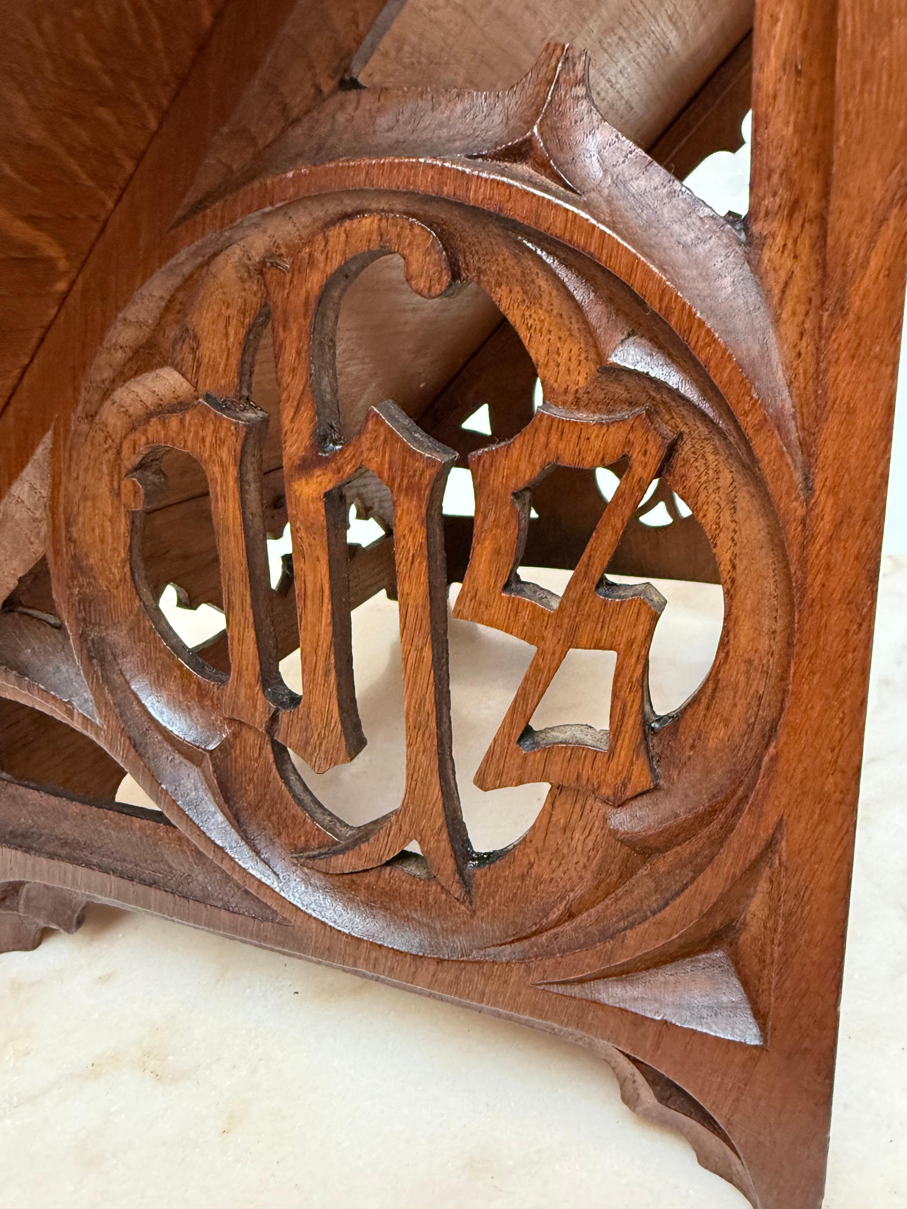 Antique Carved Oak Gothic Revival Bible Stand / Church Book Stand w IHS Symbols For Sale 5