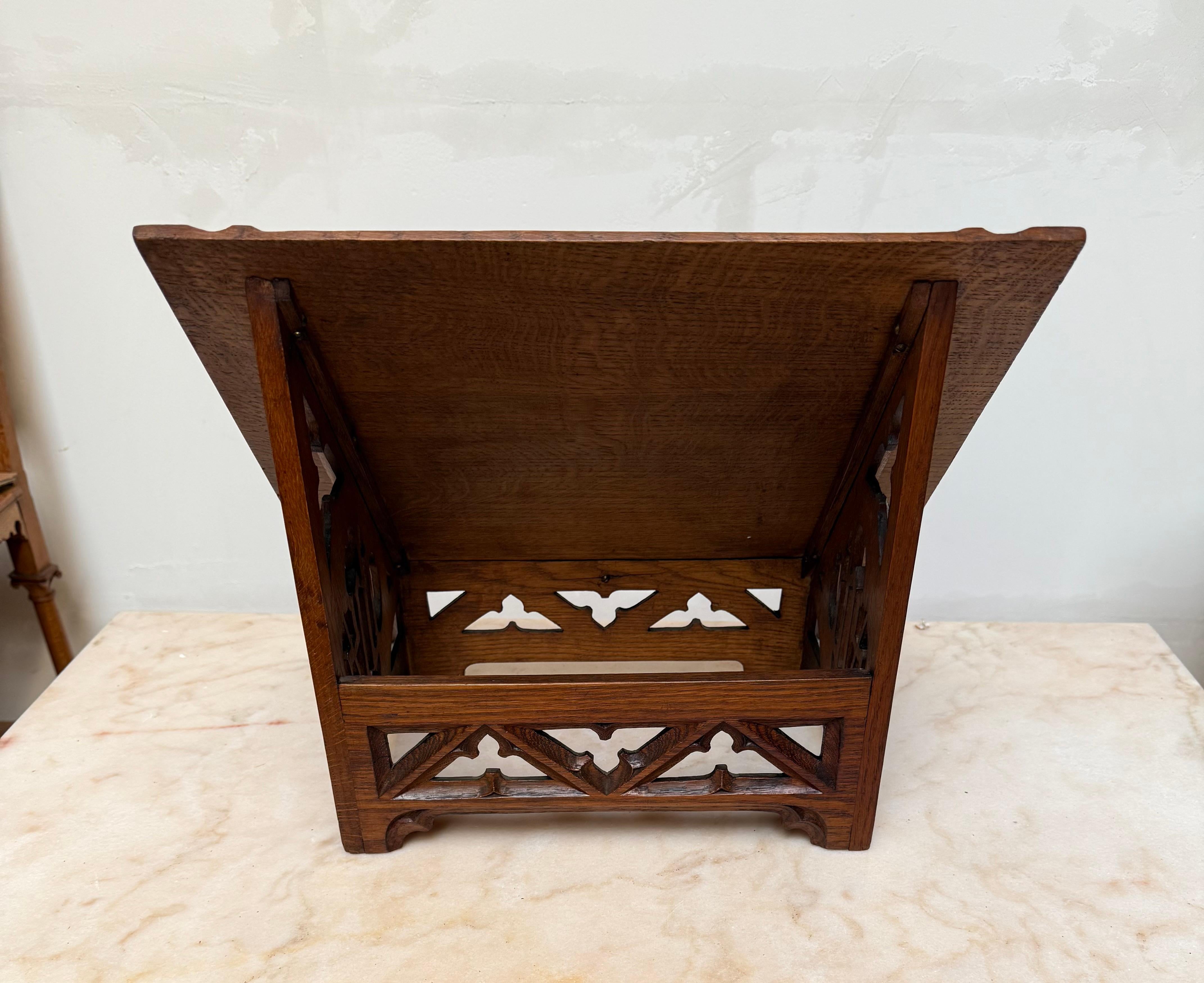 Antique Carved Oak Gothic Revival Bible Stand / Church Book Stand w IHS Symbols For Sale 6