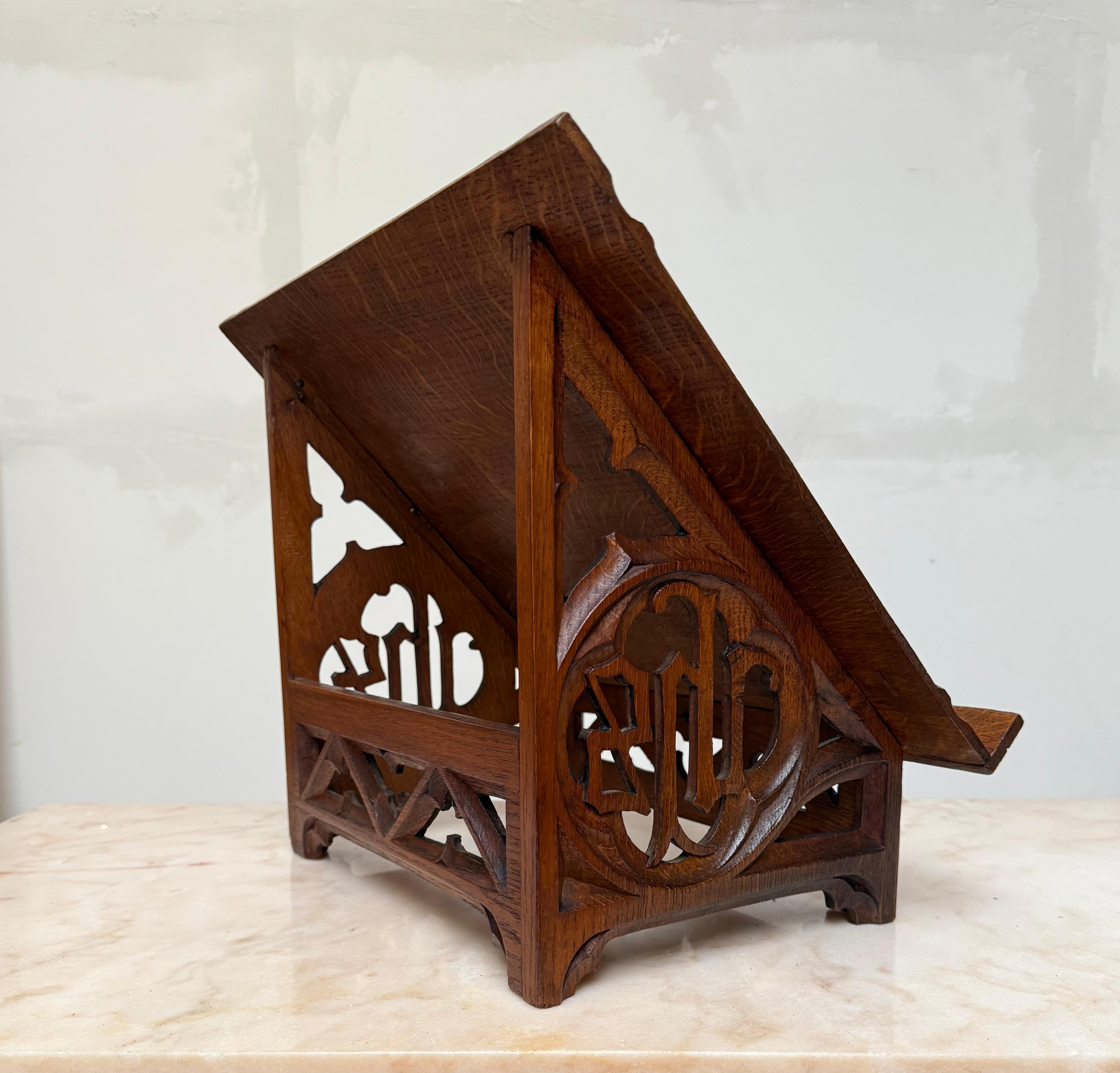 Antique Carved Oak Gothic Revival Bible Stand / Church Book Stand w IHS Symbols For Sale 7