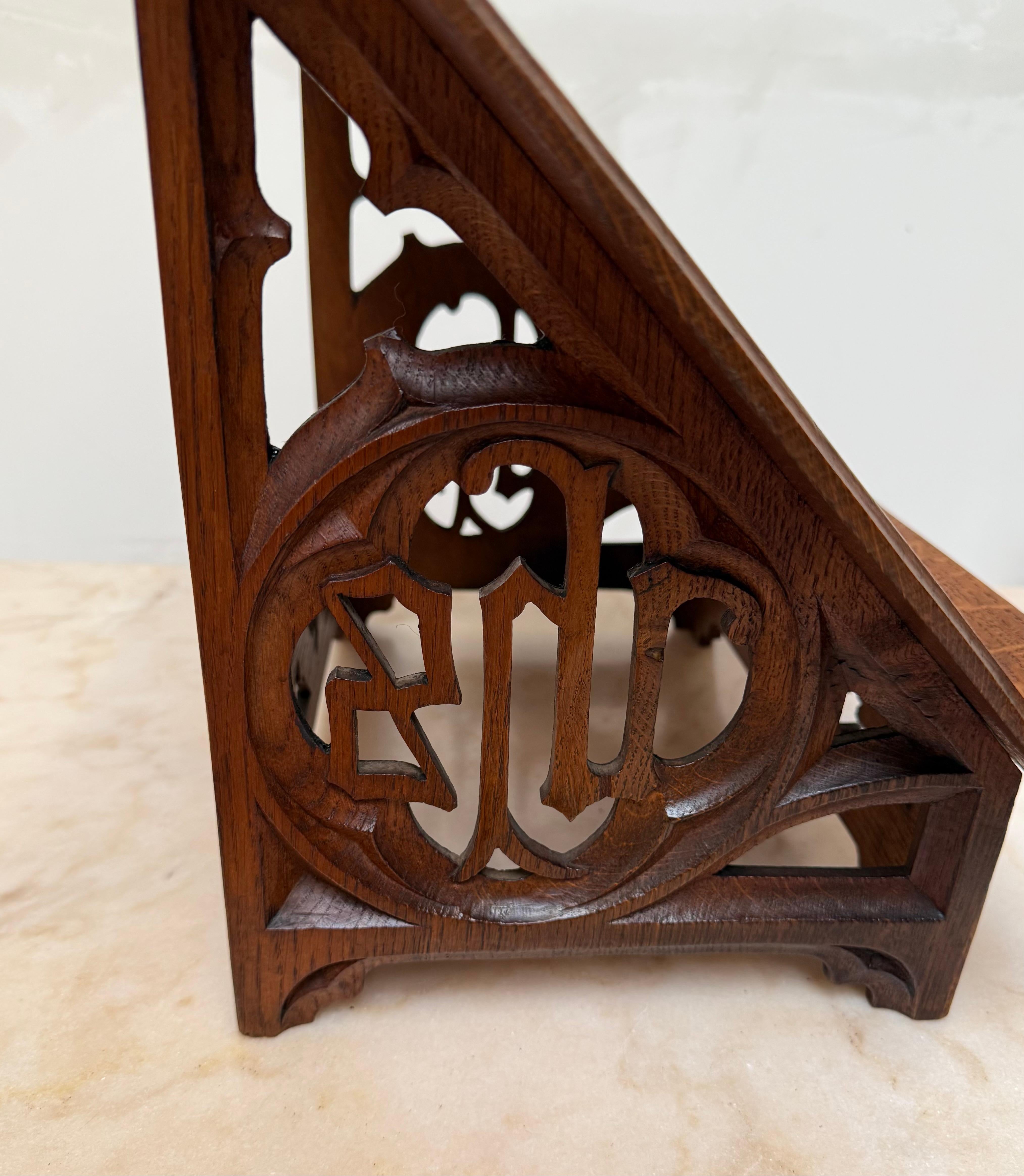 Antique Carved Oak Gothic Revival Bible Stand / Church Book Stand w IHS Symbols For Sale 9