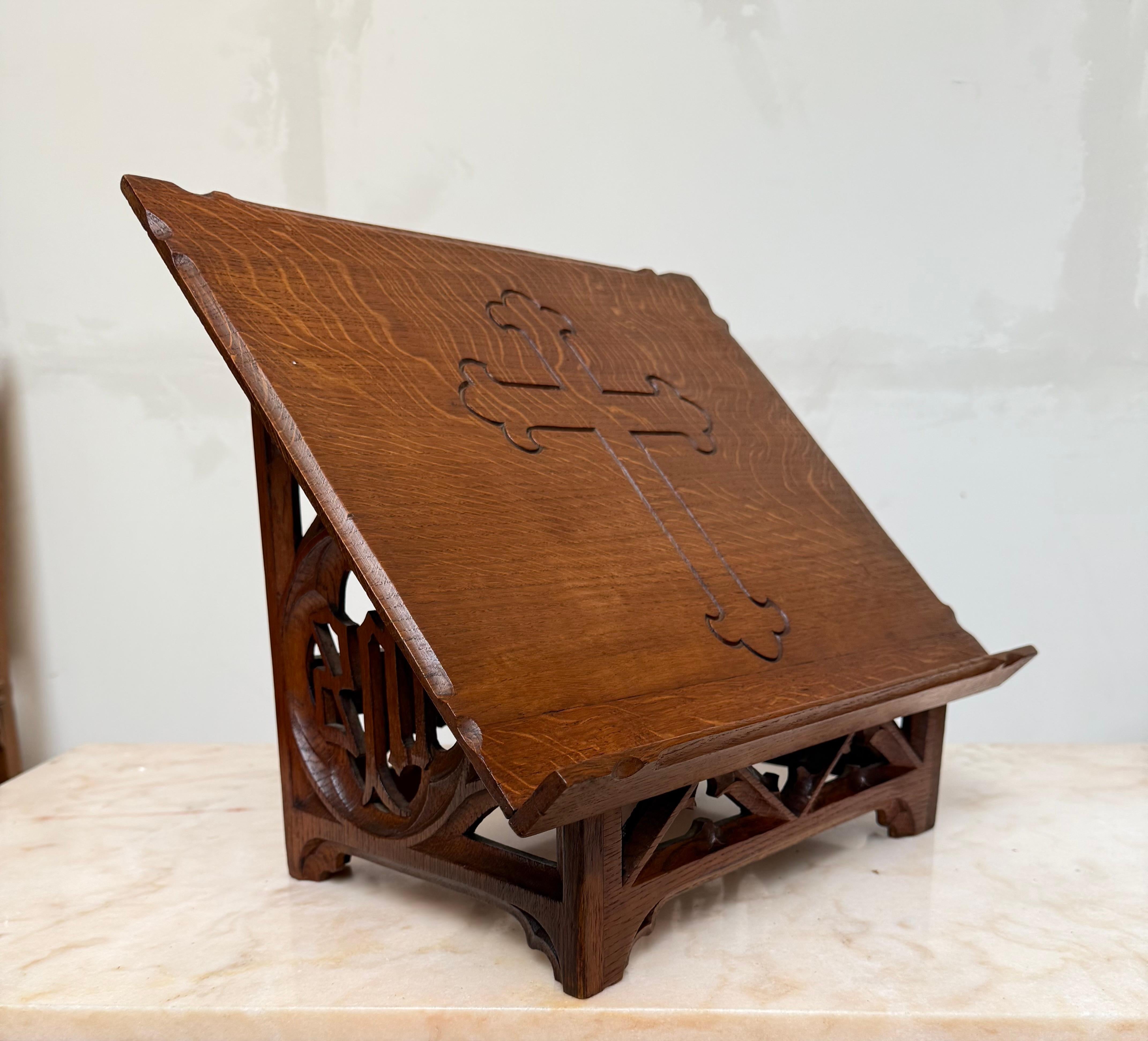 Antique Carved Oak Gothic Revival Bible Stand / Church Book Stand w IHS Symbols For Sale 10