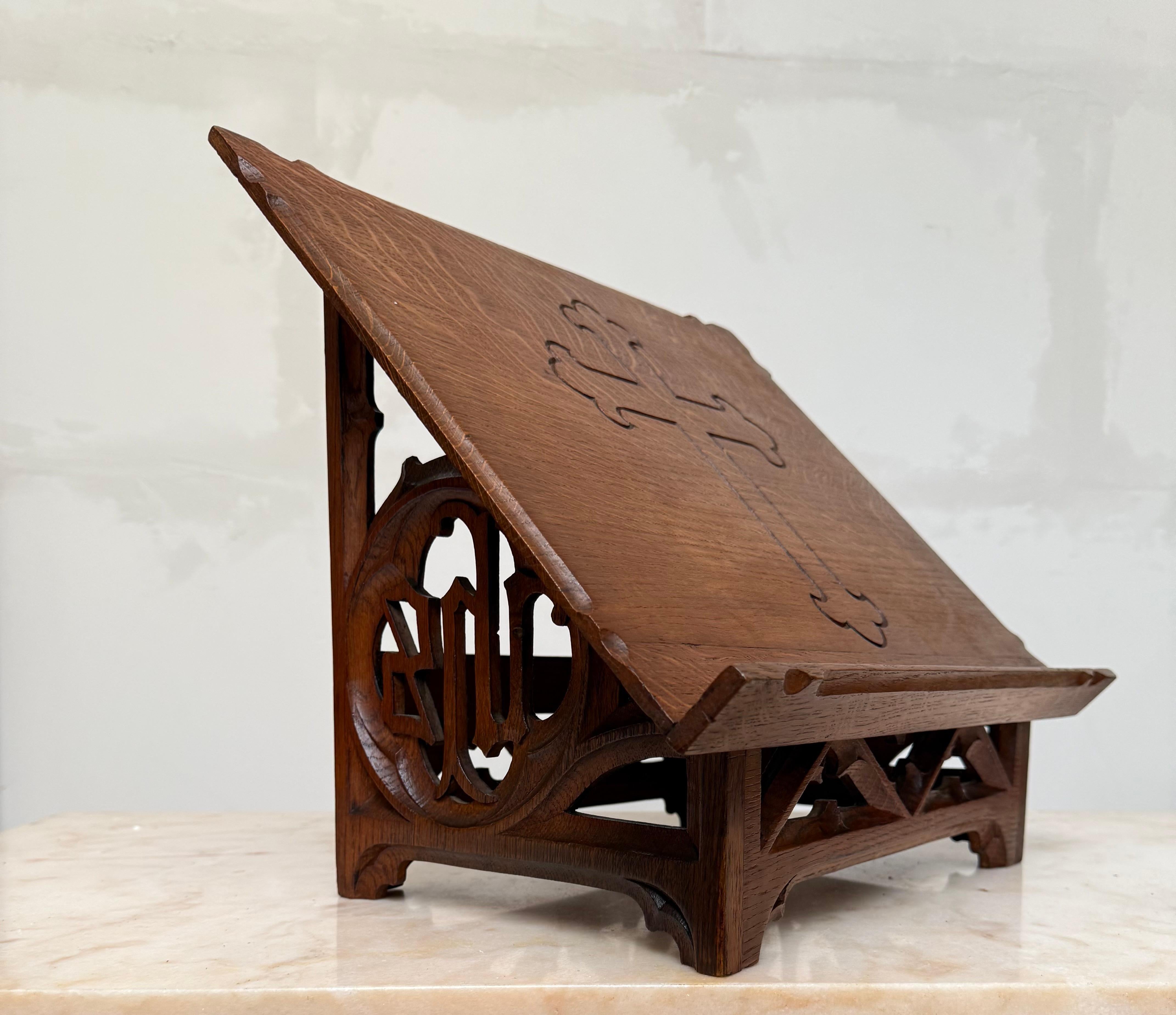 Antique Carved Oak Gothic Revival Bible Stand / Church Book Stand w IHS Symbols For Sale 11