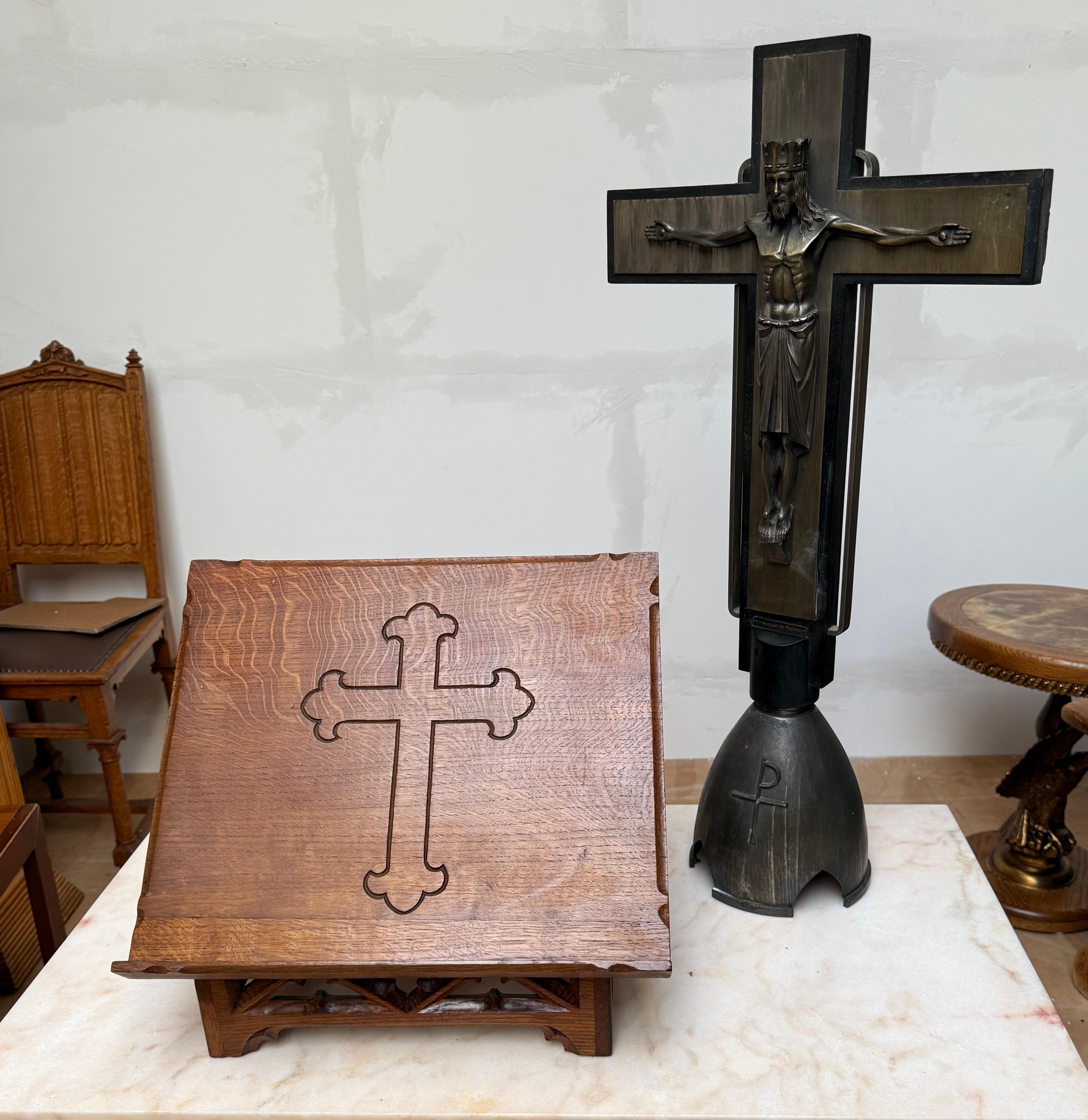Antique Carved Oak Gothic Revival Bible Stand / Church Book Stand w IHS Symbols For Sale 12