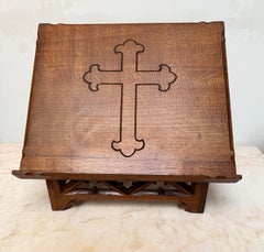 Antique Carved Oak Gothic Revival Bible Stand / Church Book Stand w IHS Symbols