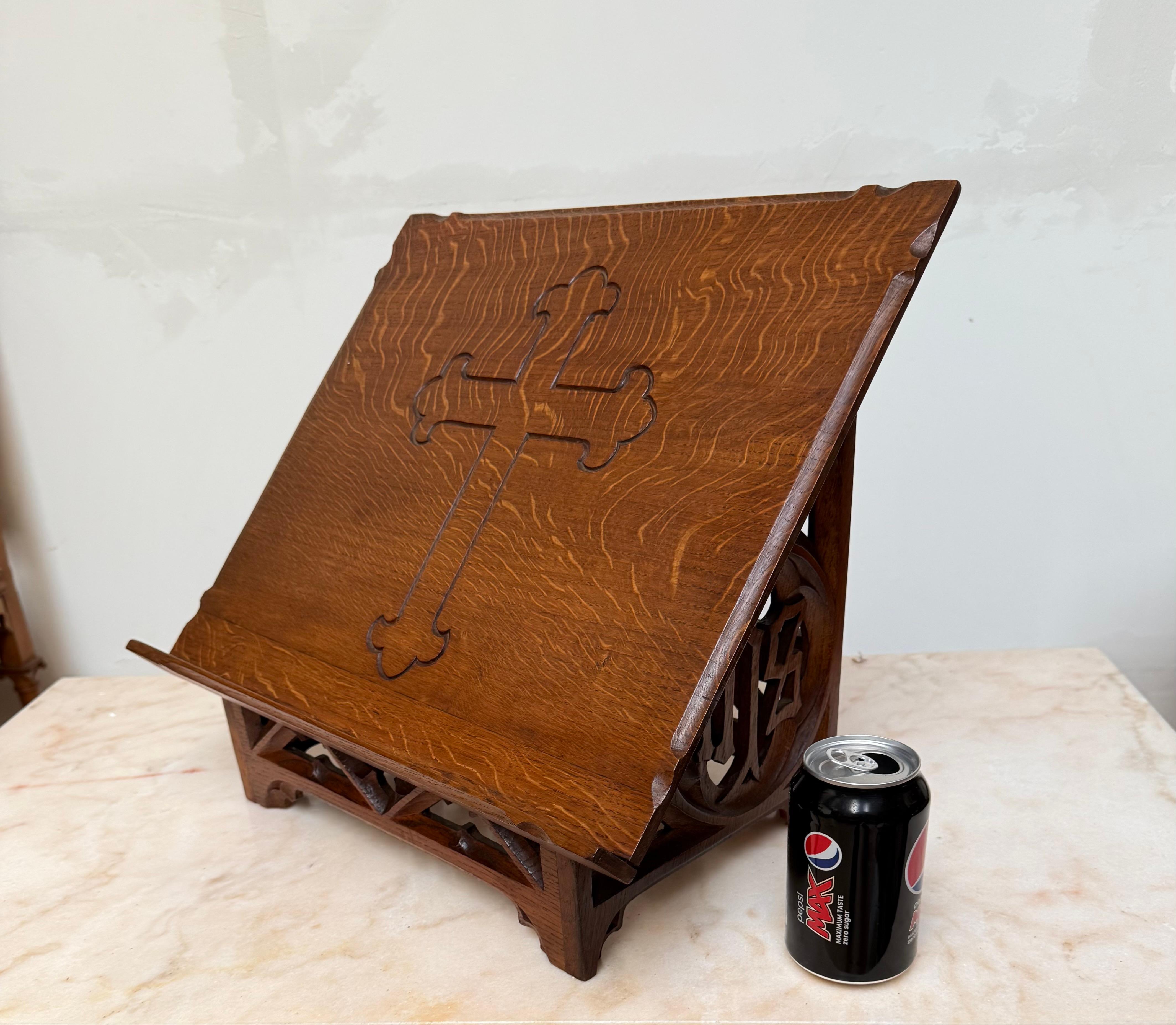 European Antique Carved Oak Gothic Revival Bible Stand / Church Book Stand w IHS Symbols For Sale