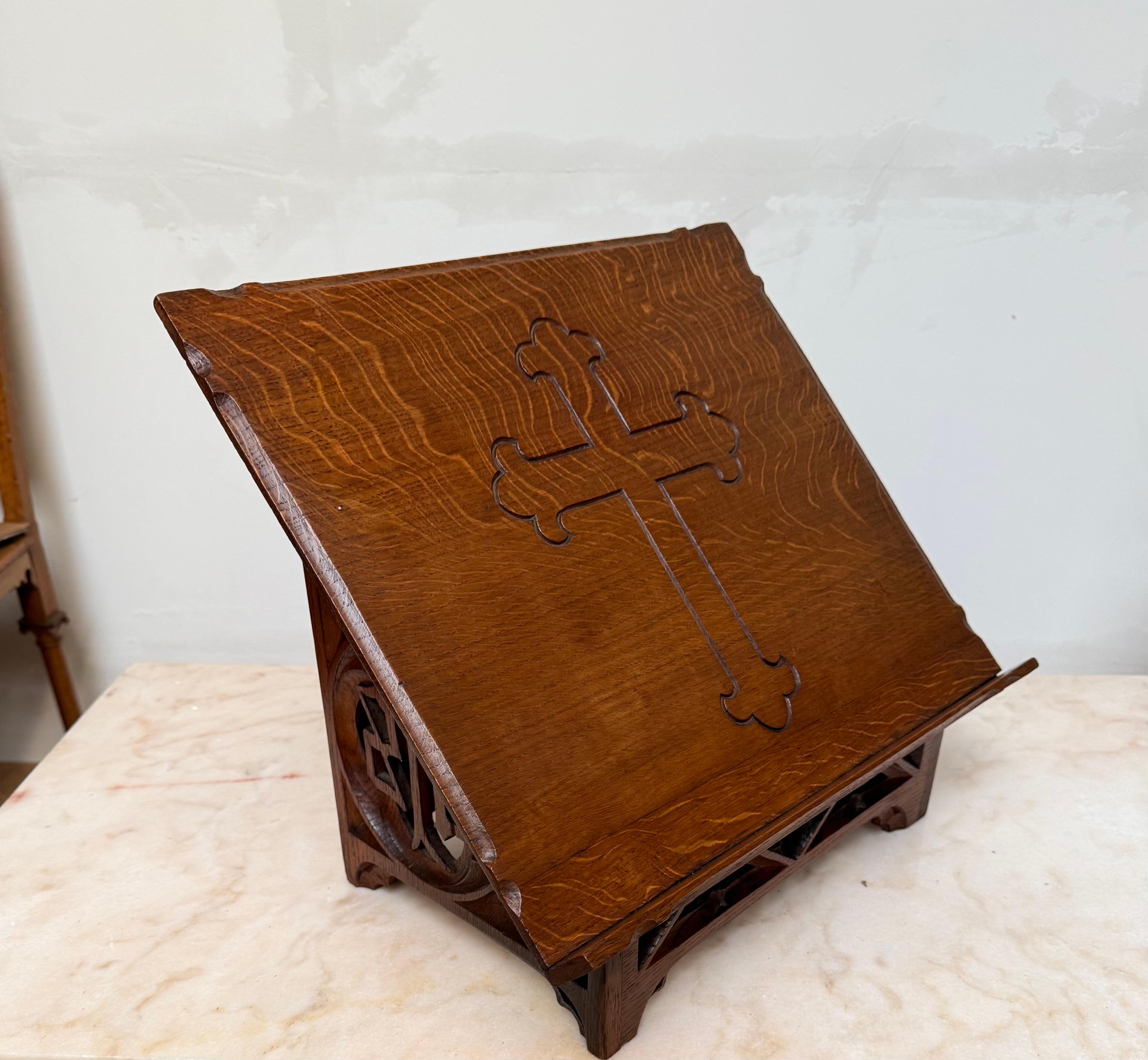 20th Century Antique Carved Oak Gothic Revival Bible Stand / Church Book Stand w IHS Symbols For Sale