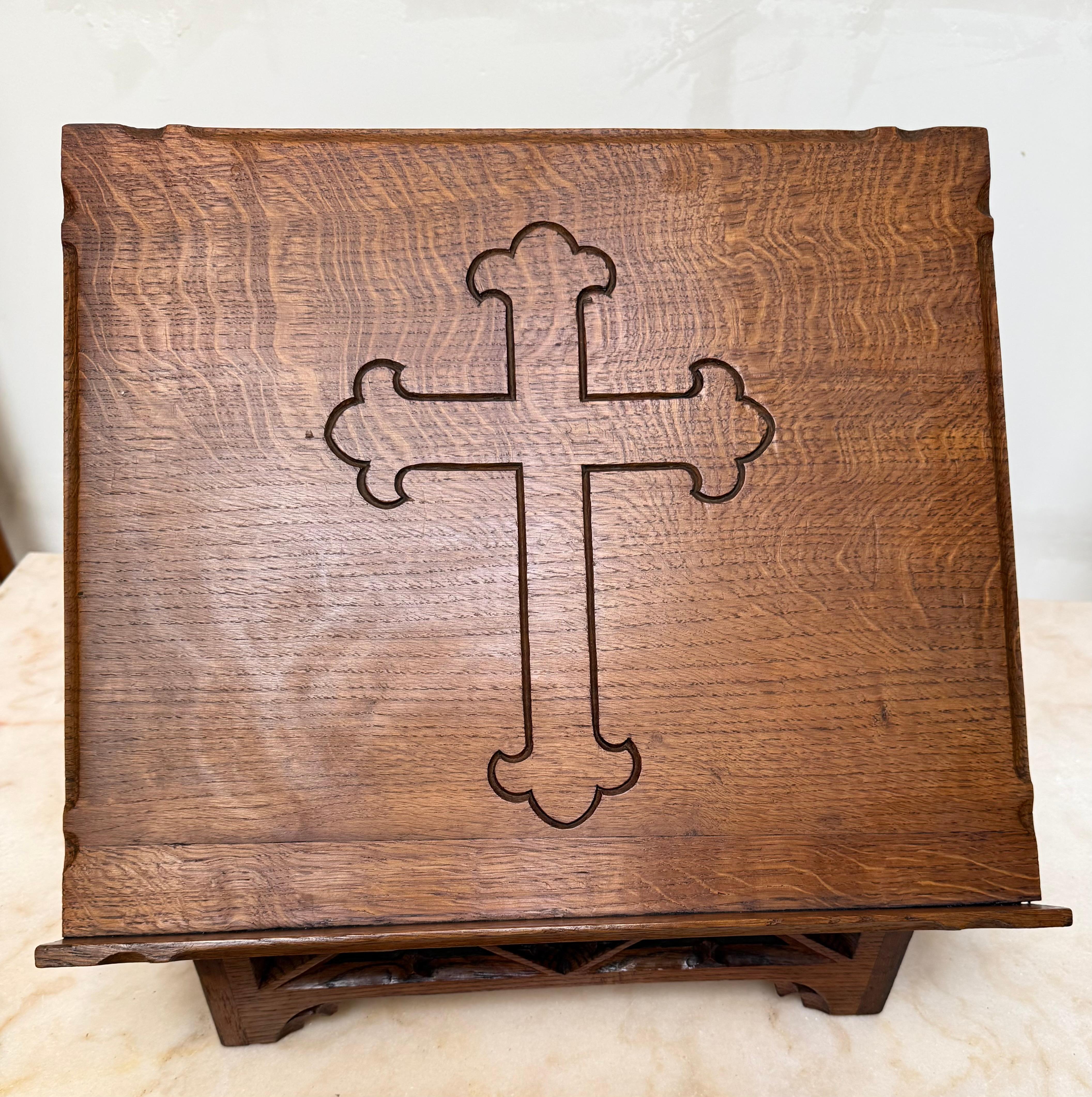 Brass Antique Carved Oak Gothic Revival Bible Stand / Church Book Stand w IHS Symbols For Sale
