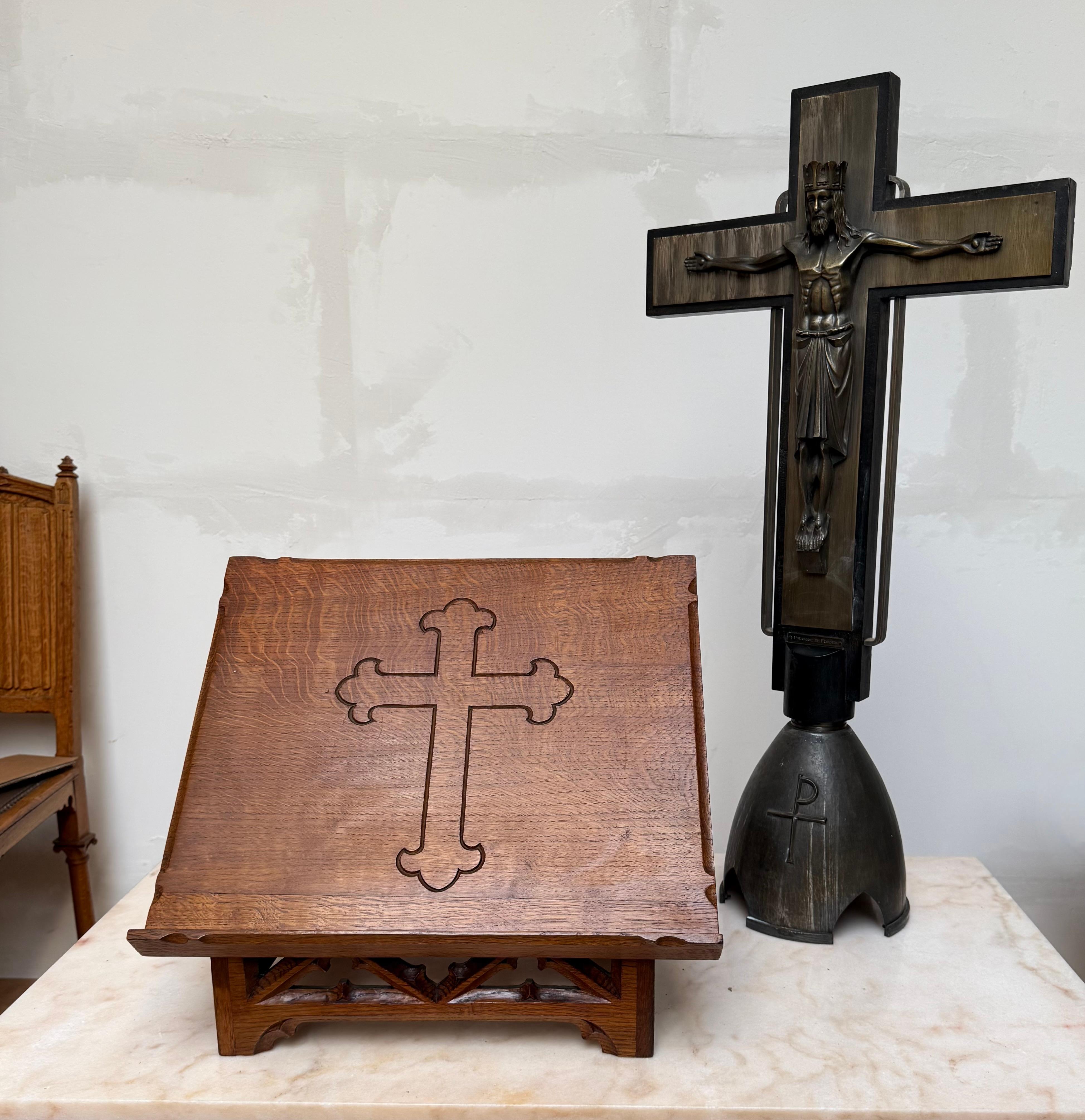 Antique Carved Oak Gothic Revival Bible Stand / Church Book Stand w IHS Symbols For Sale 2