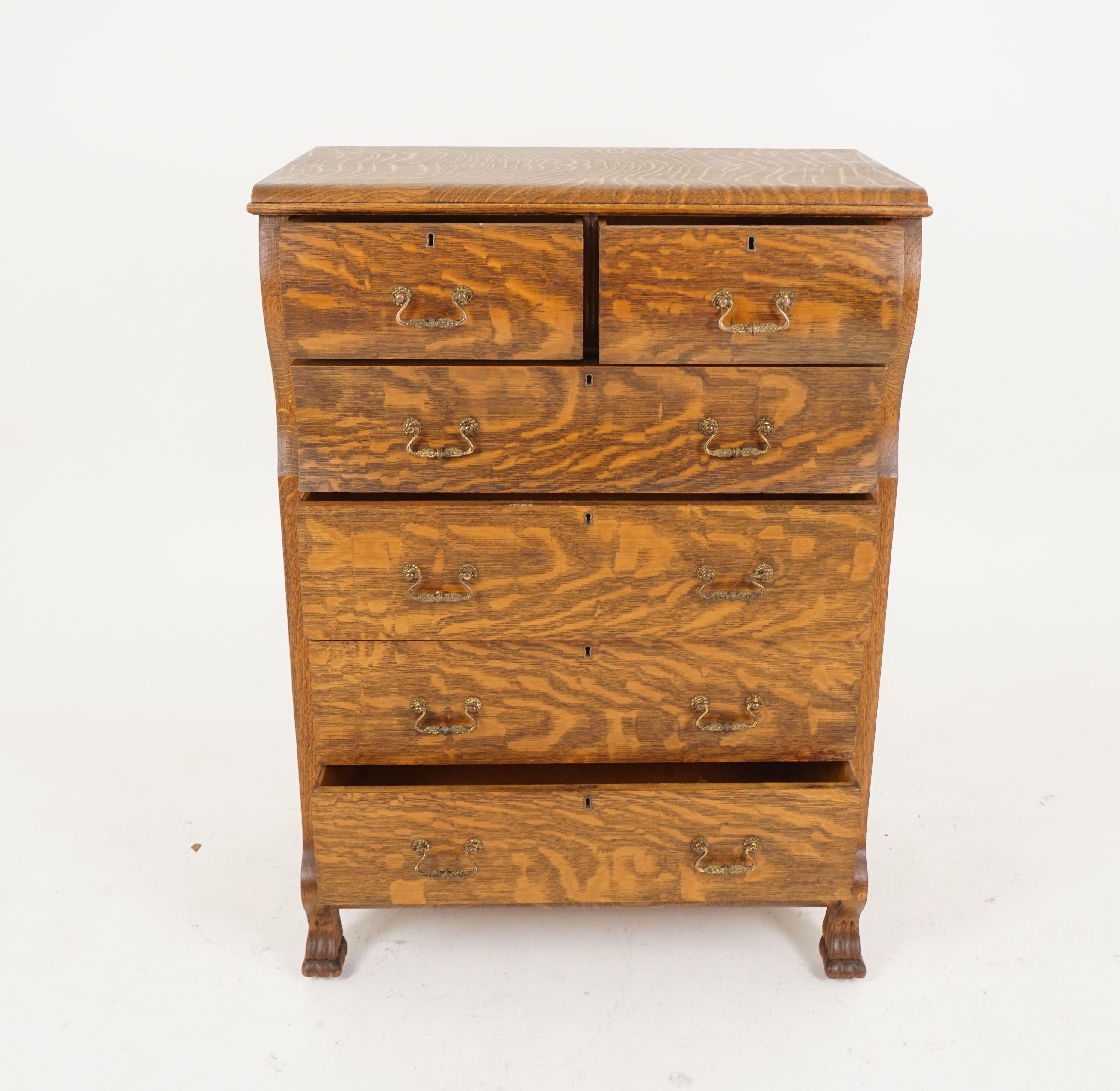 Antique tiger oak high boy dresser, chest of drawers, America 1900, B2287

America, 1900
Solid tiger oak
Original finish
Tiger oak top
Pair of bow front drawers
One long inverted drawer
A further three long drawers
All original brass