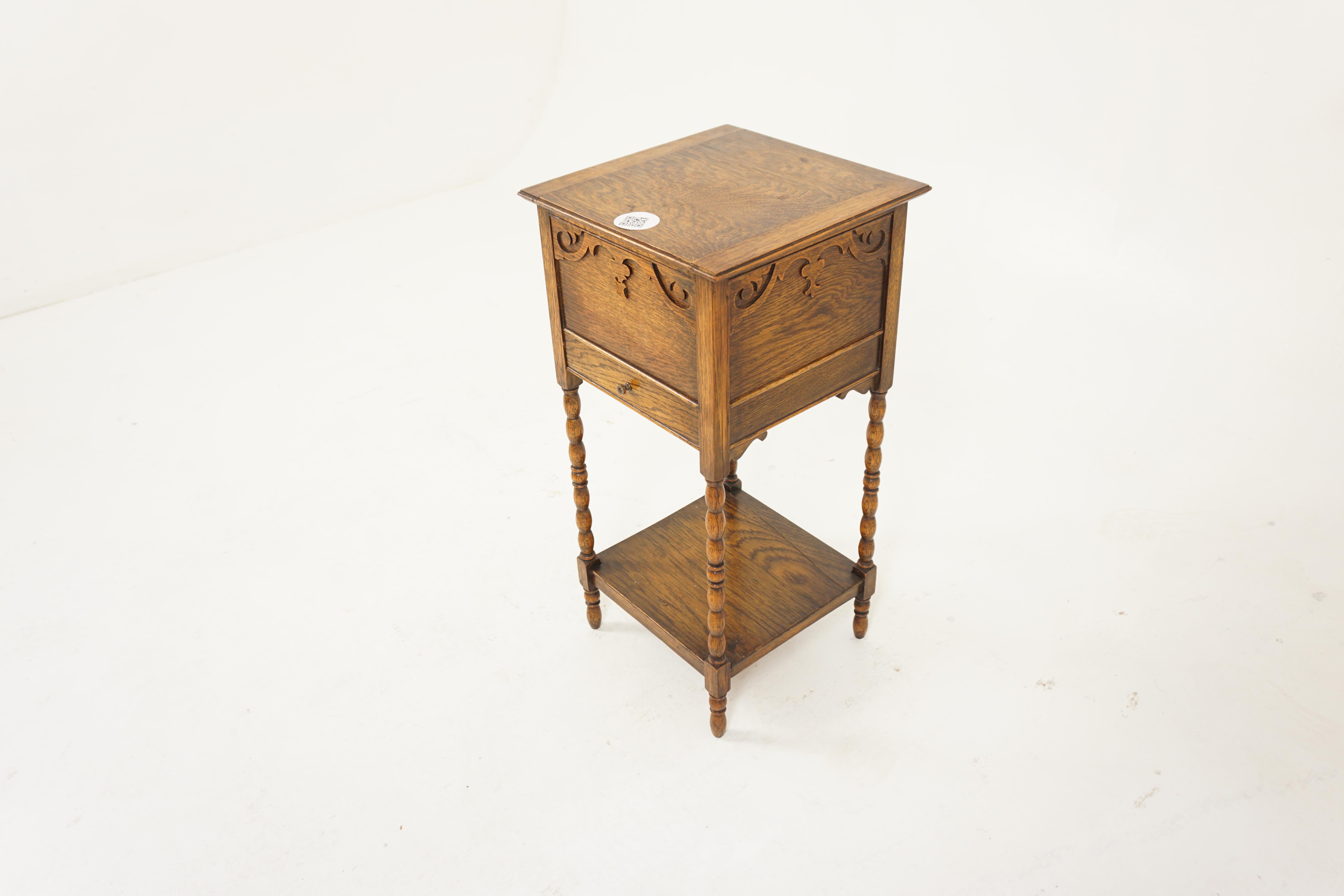 Antique tiger oak lift up sewing box, lamp table, planter, Scotland 1920, H793

Scotland 1920
Solid Oak
Original Finish
Square lift up oak top
Carved panel to the front and sides
Top opens up to reveal large storage space
Single drawer with