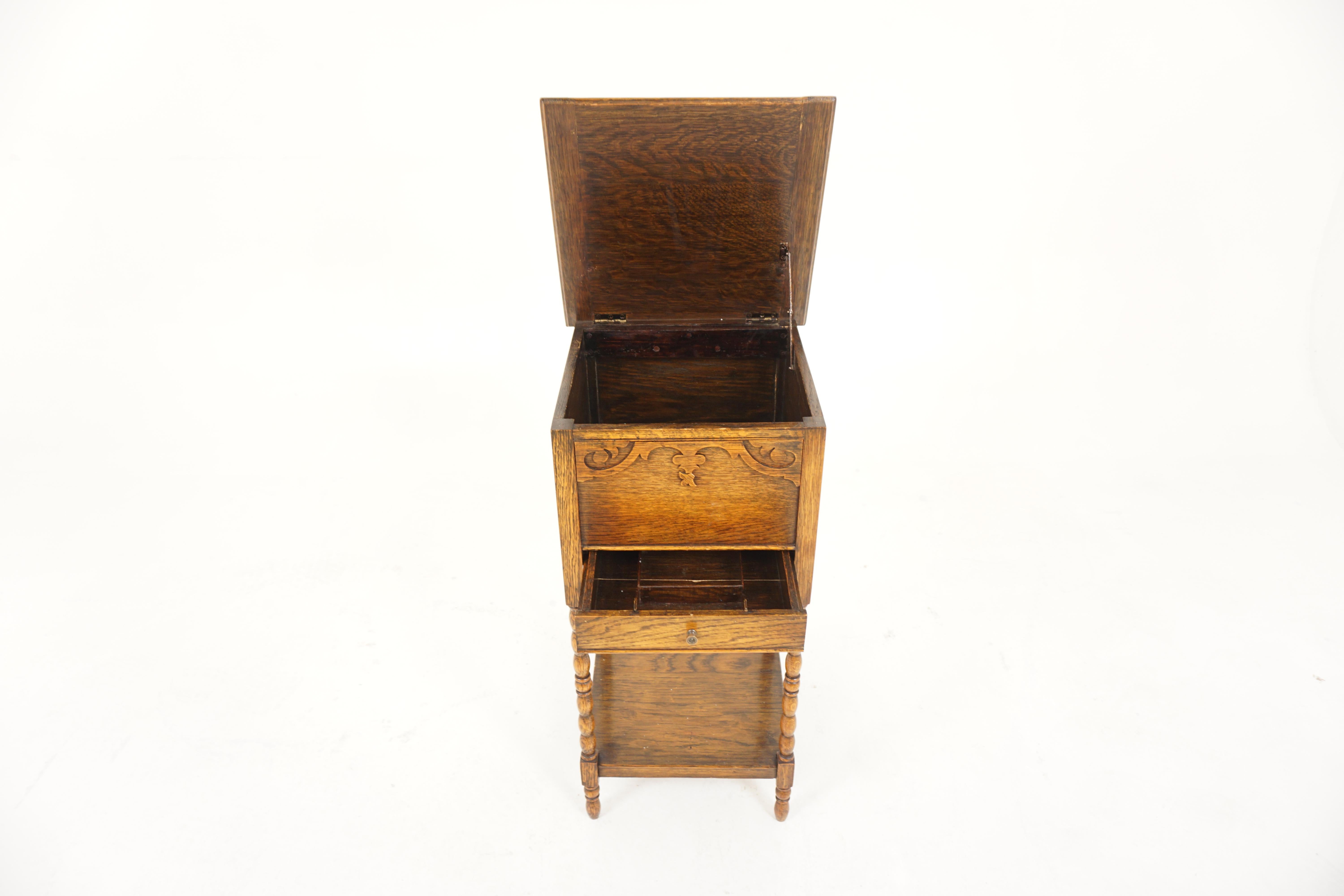 20th Century Antique Tiger Oak Lift Up Sewing Box, Lamp Table, Planter, Scotland 1920, H793