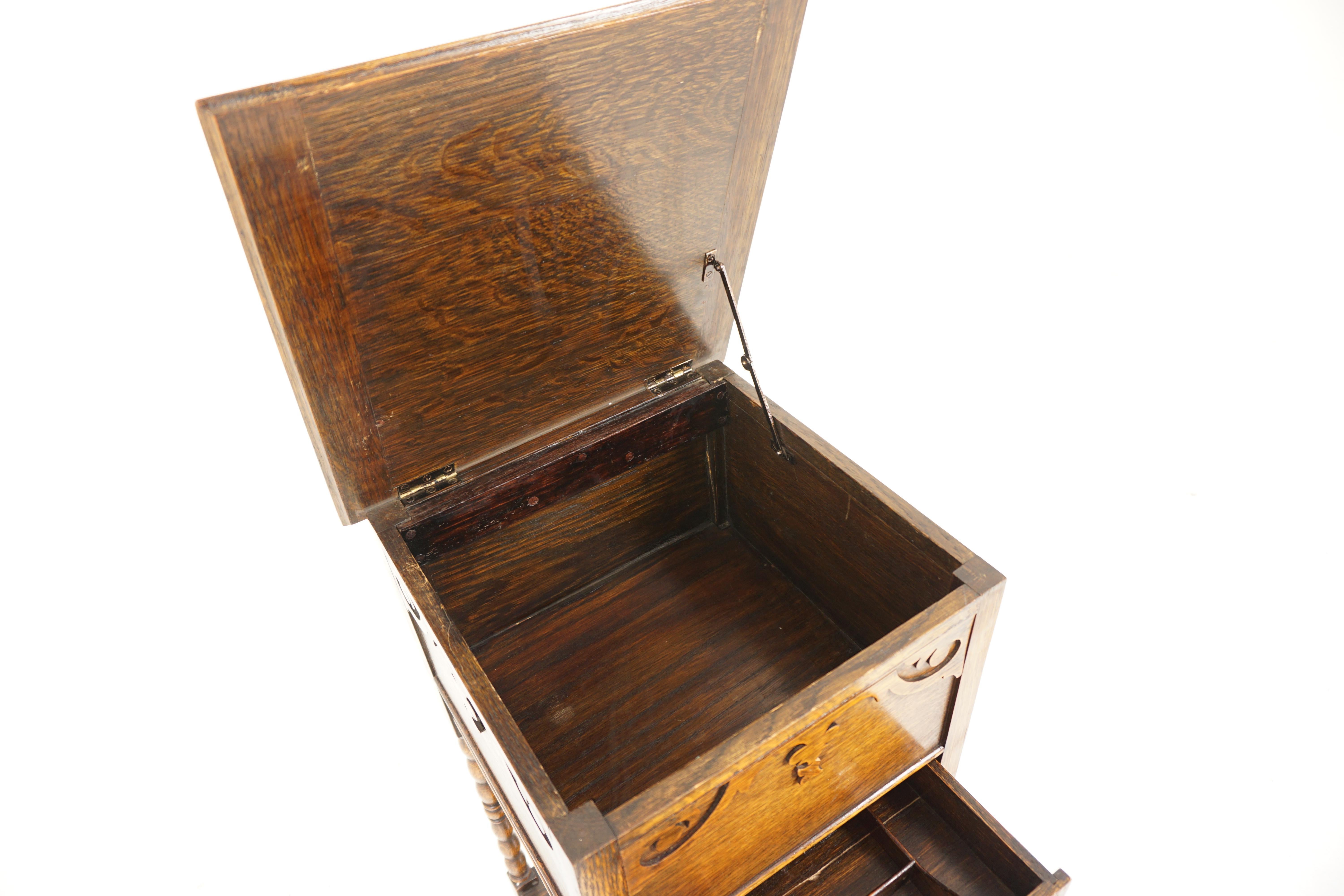 Antique Tiger Oak Lift Up Sewing Box, Lamp Table, Planter, Scotland 1920, H793 1