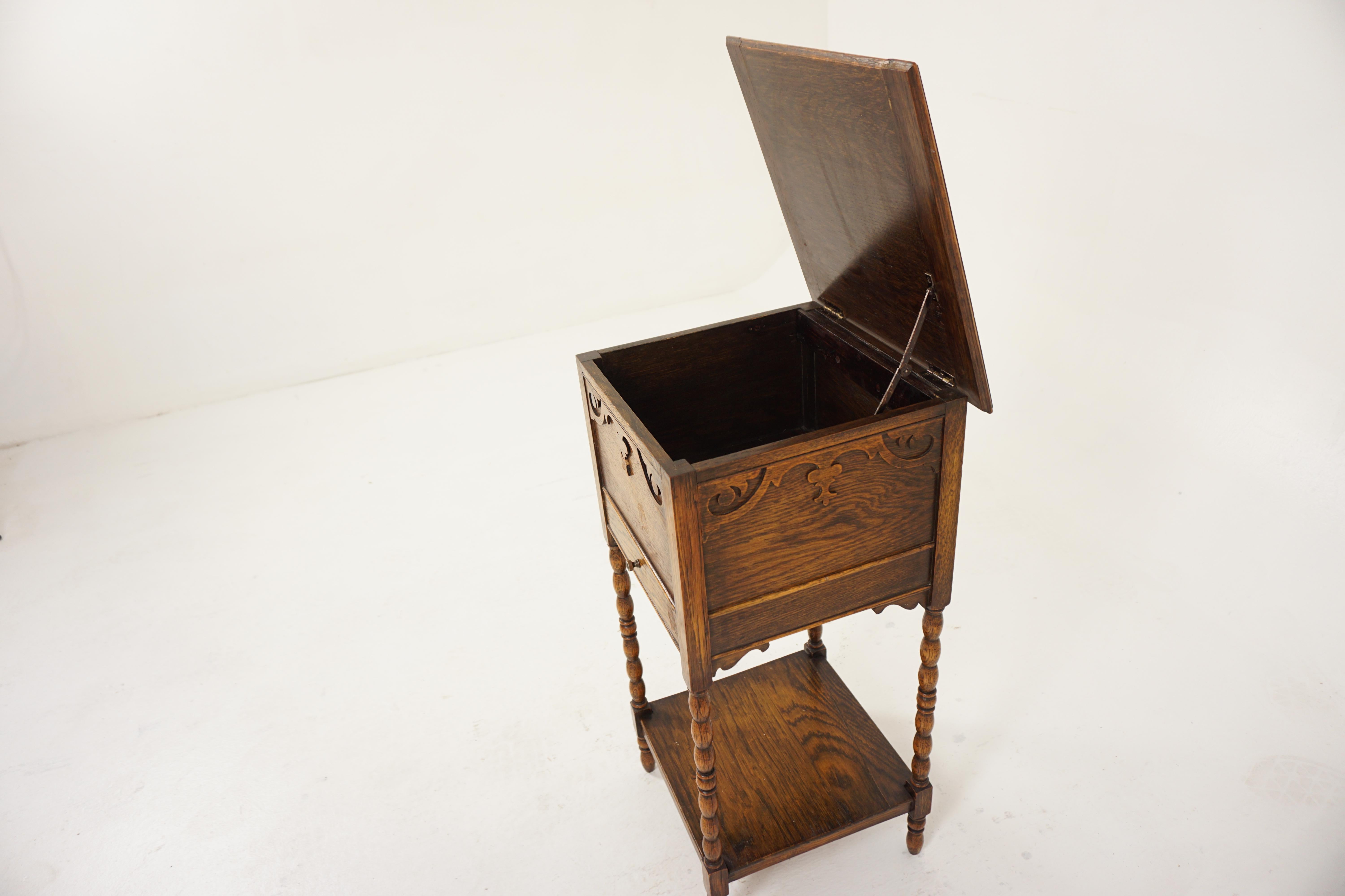 Antique Tiger Oak Lift Up Sewing Box, Lamp Table, Planter, Scotland 1920, H793 3