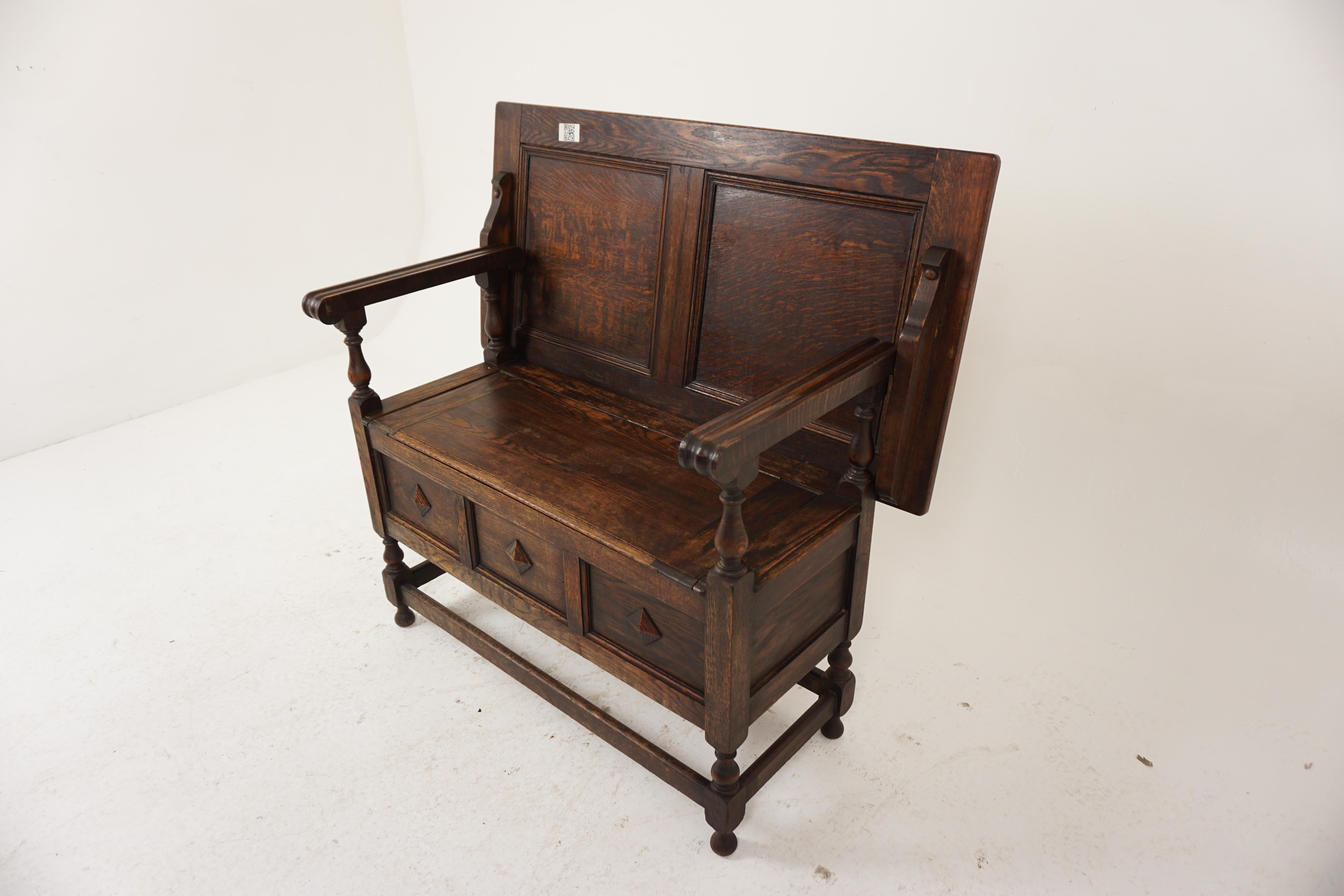 Antique Tiger Oak Monks Bench, Hall Seat, Settee, Scotland 1910, H989

Scotland 1910
Sold oak
Original finish
The bench has a panelled back with turned arm rest supports
The seat lifts up for storage
With three shaped panels underneath
All supported