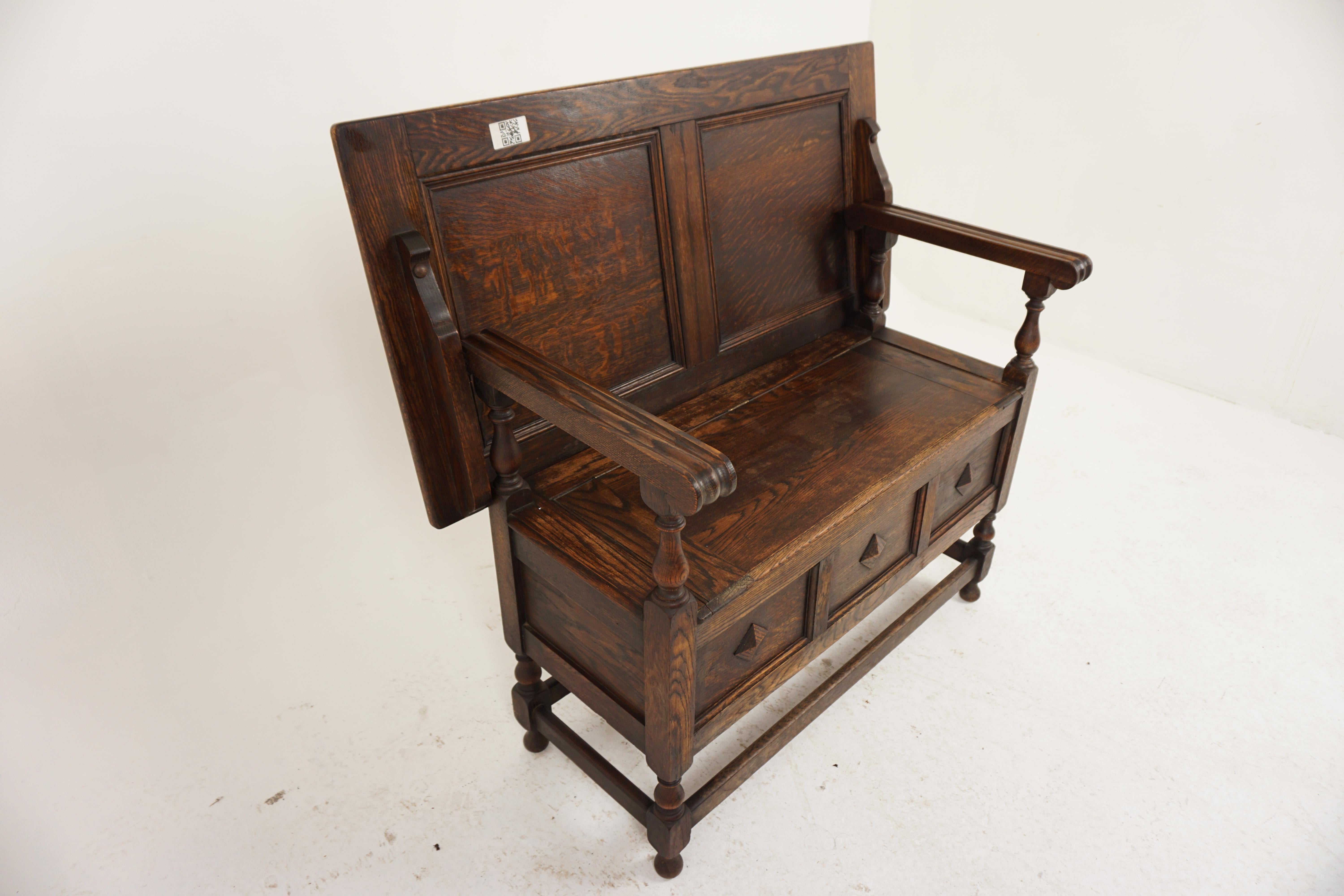 Scottish Antique Tiger Oak Monks Bench, Hall Seat, Settee, Scotland 1910, H989 For Sale