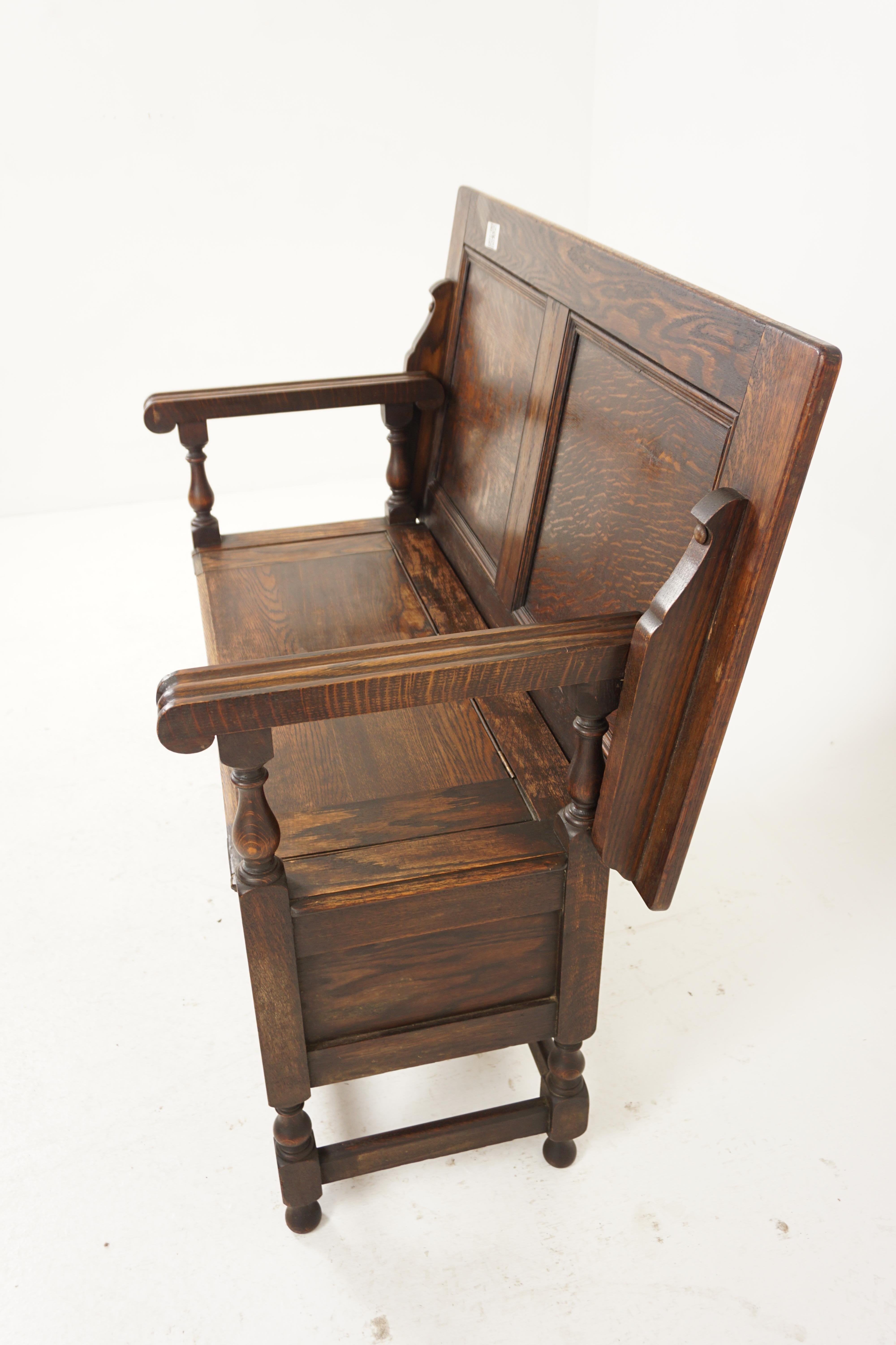 Late 19th Century Antique Tiger Oak Monks Bench, Hall Seat, Settee, Scotland 1910, H989 For Sale