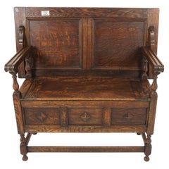 Used Tiger Oak Monks Bench, Hall Seat, Settee, Scotland 1910, H989