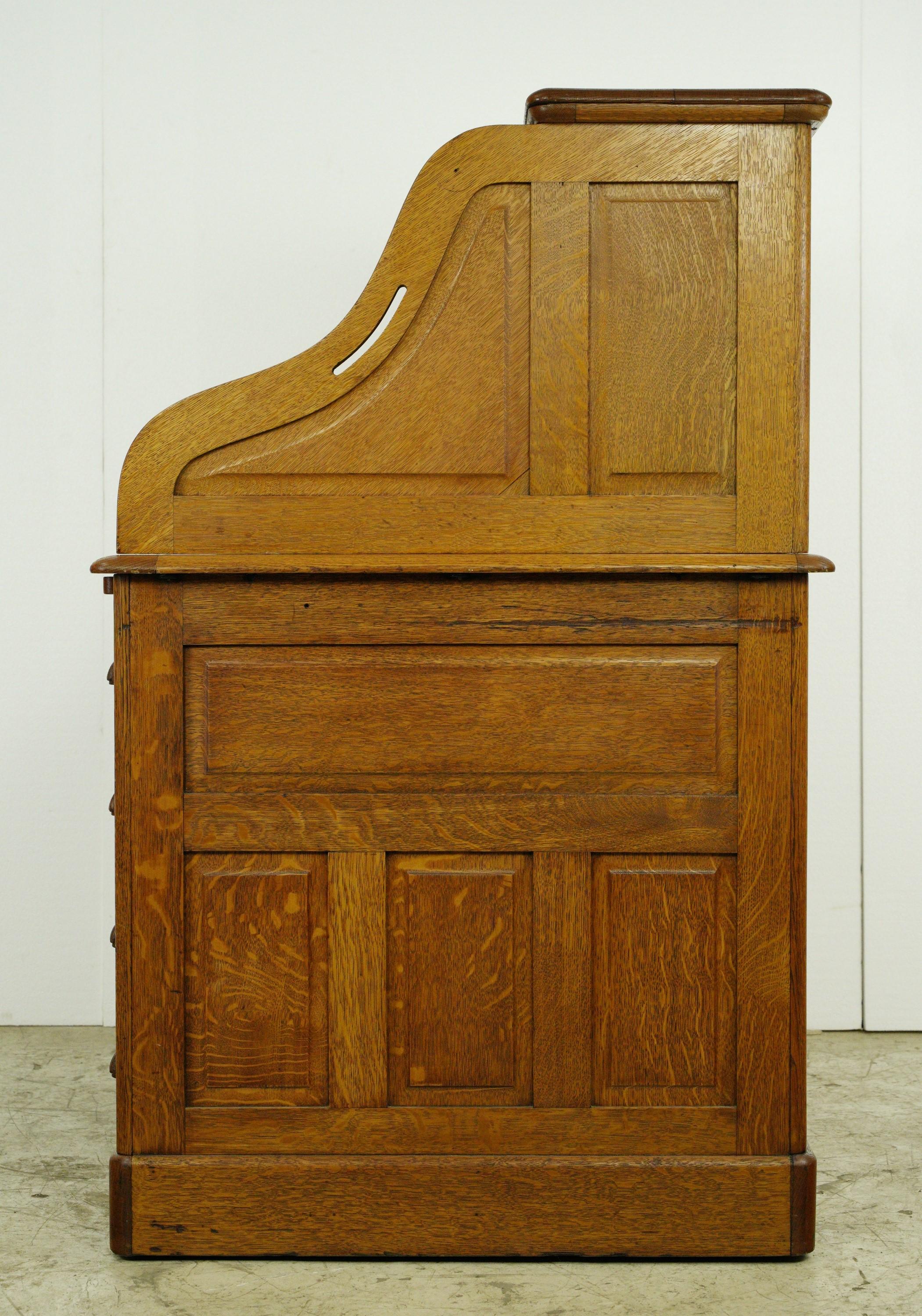 Antique Tiger Oak Roll Top Desk with Secret Drawers For Sale 8