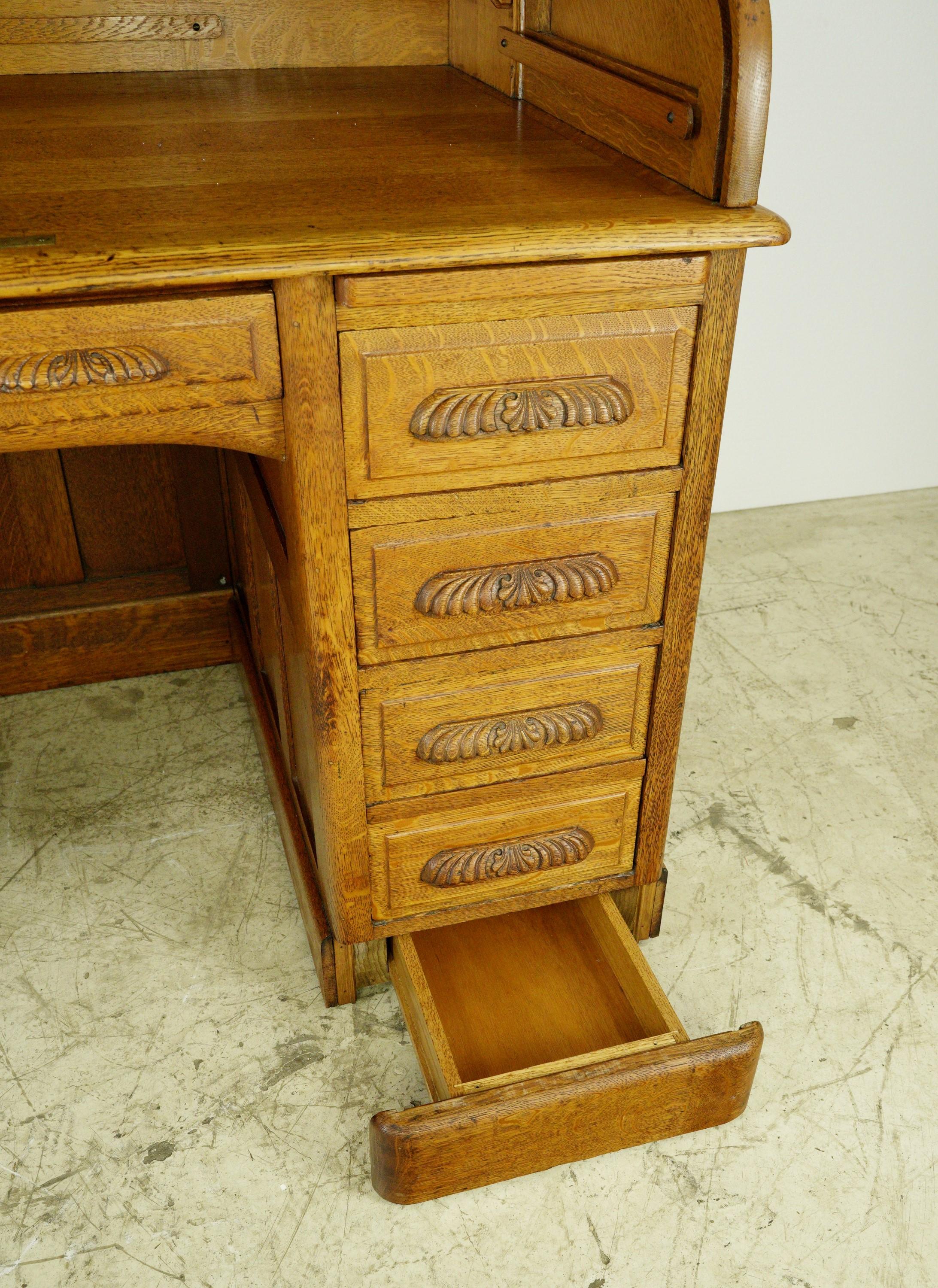 Antique Tiger Oak Roll Top Desk with Secret Drawers For Sale 2