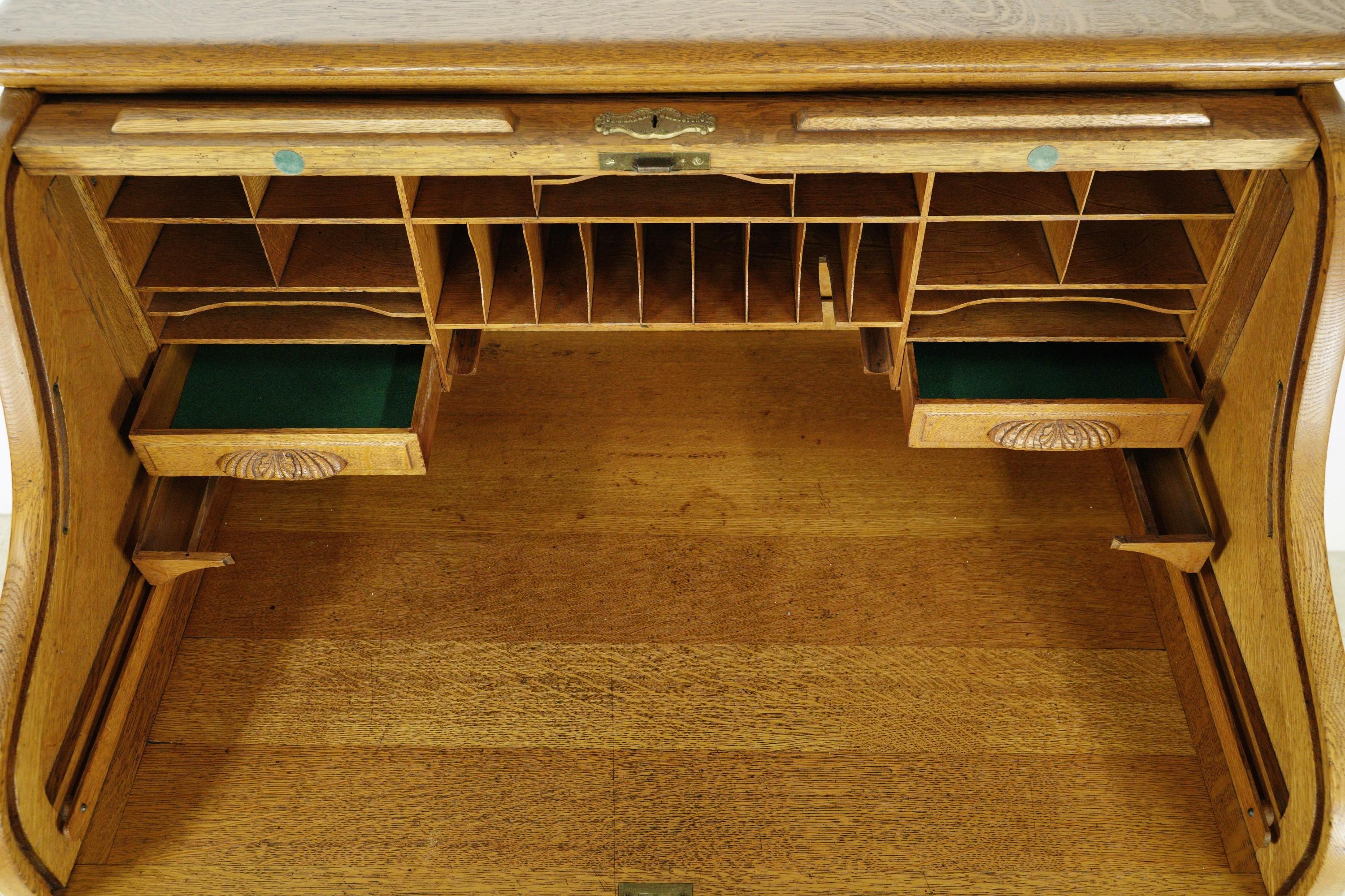 Antique Tiger Oak Roll Top Desk with Secret Drawers For Sale 4
