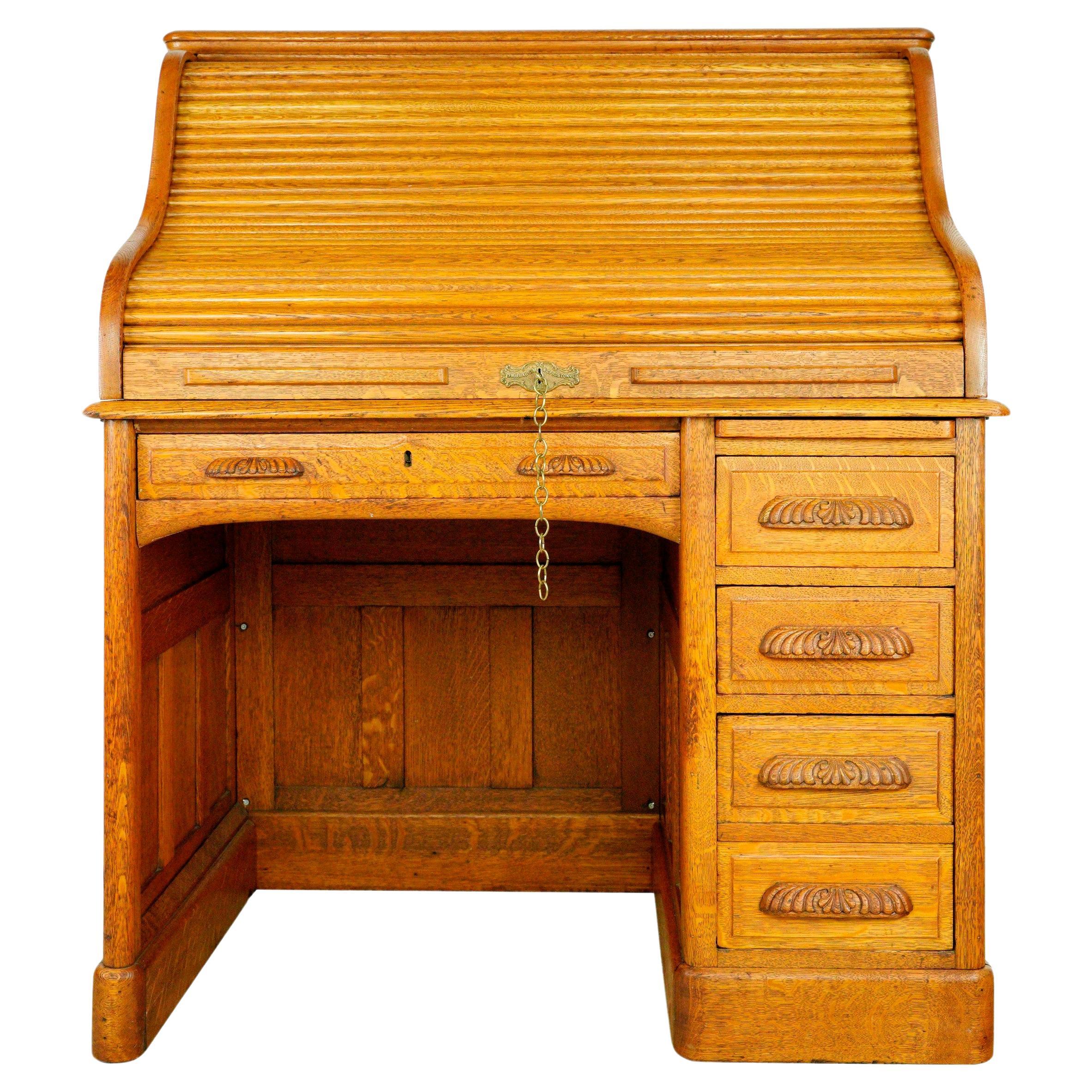 Antique Tiger Oak Roll Top Desk with Secret Drawers For Sale