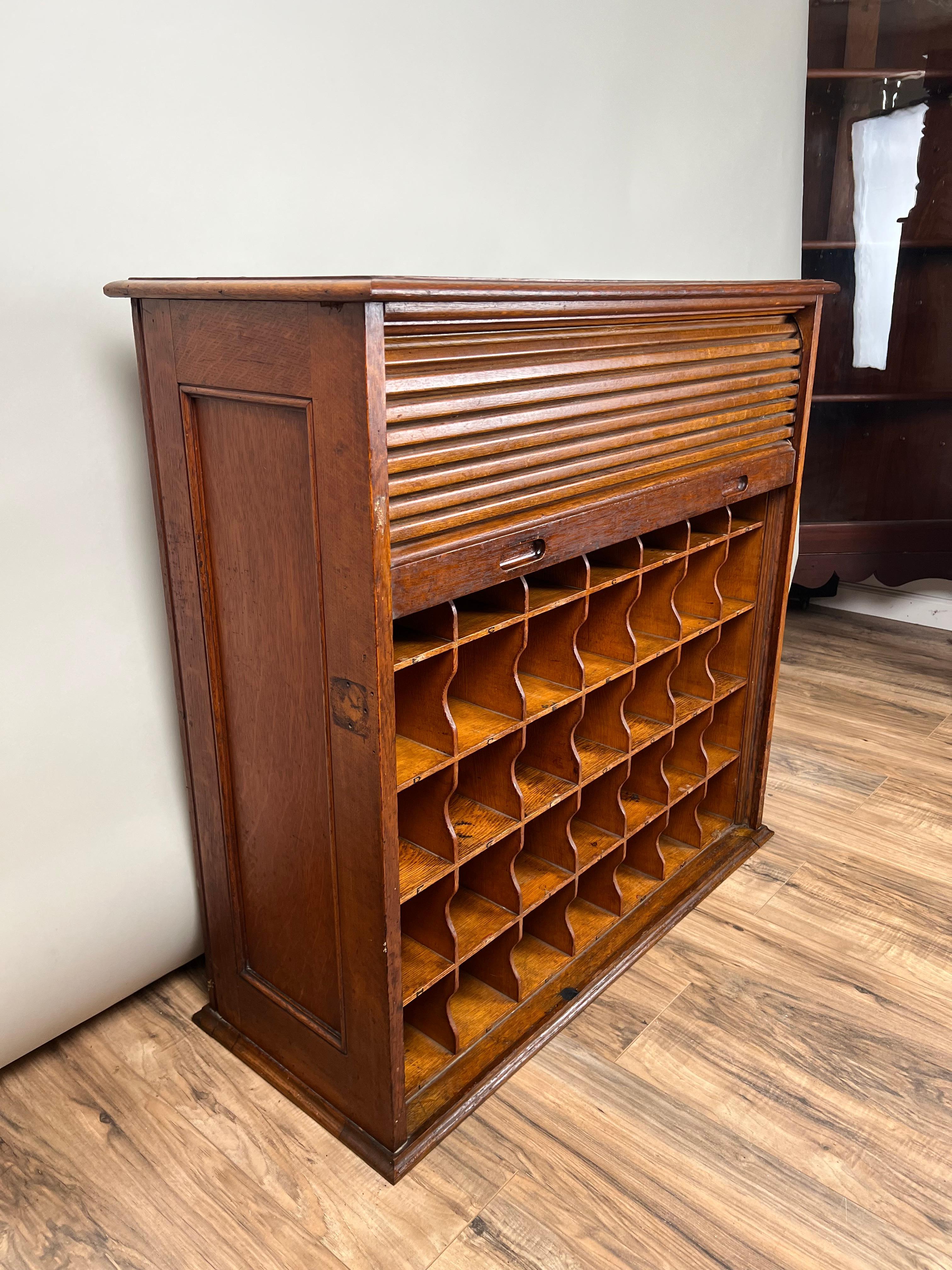 American Antique Tiger Oak Roll Top Pigeon Hole Cabinet c. 1920 For Sale