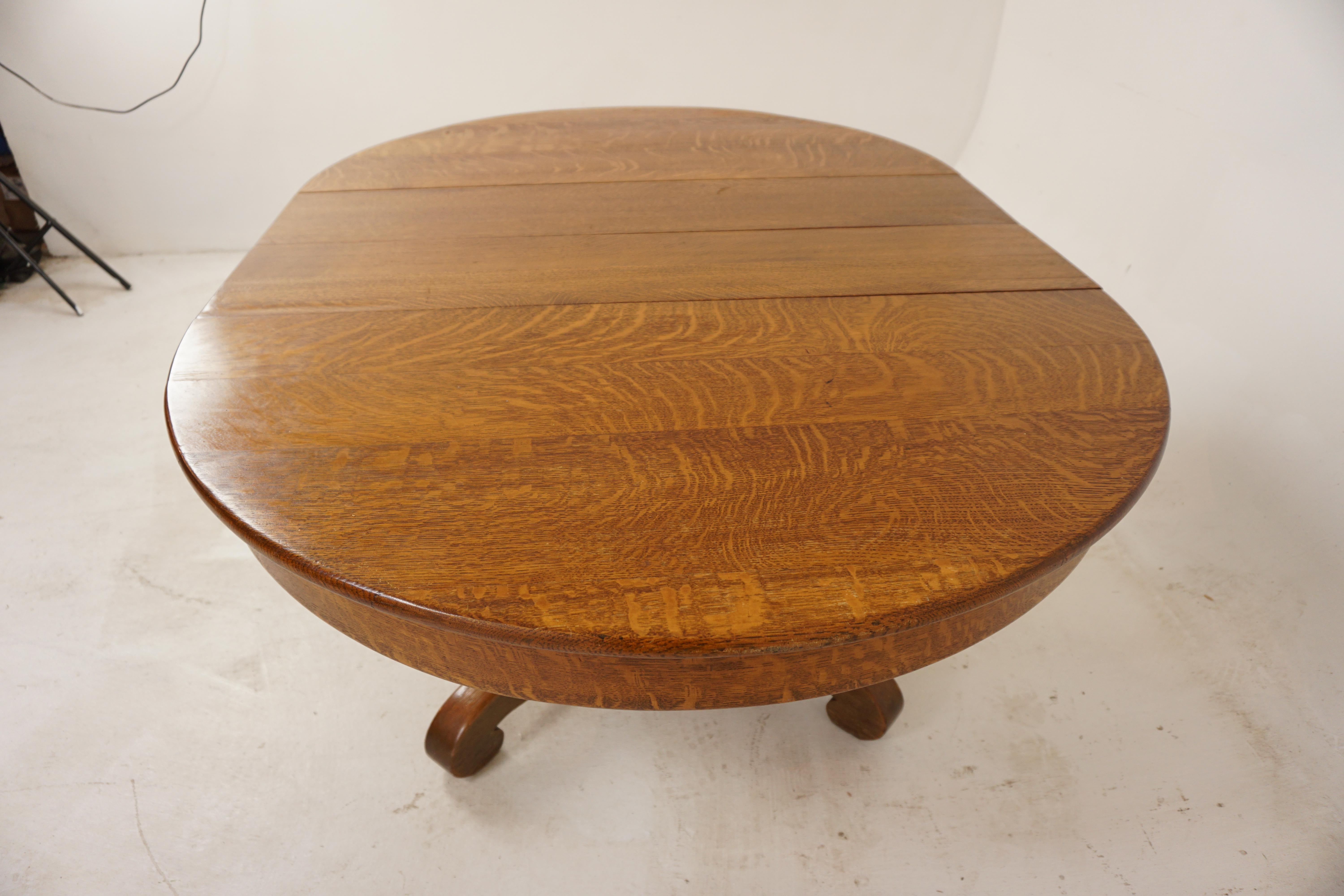 Antique Tiger Oak Round Table Pedestal Base, 2 Leaves, America 1910, B2873 1