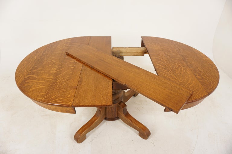 Antique Tiger Oak Round Table Pedestal Base, 2 Leaves, America 1910, B2873 at 1stDibs