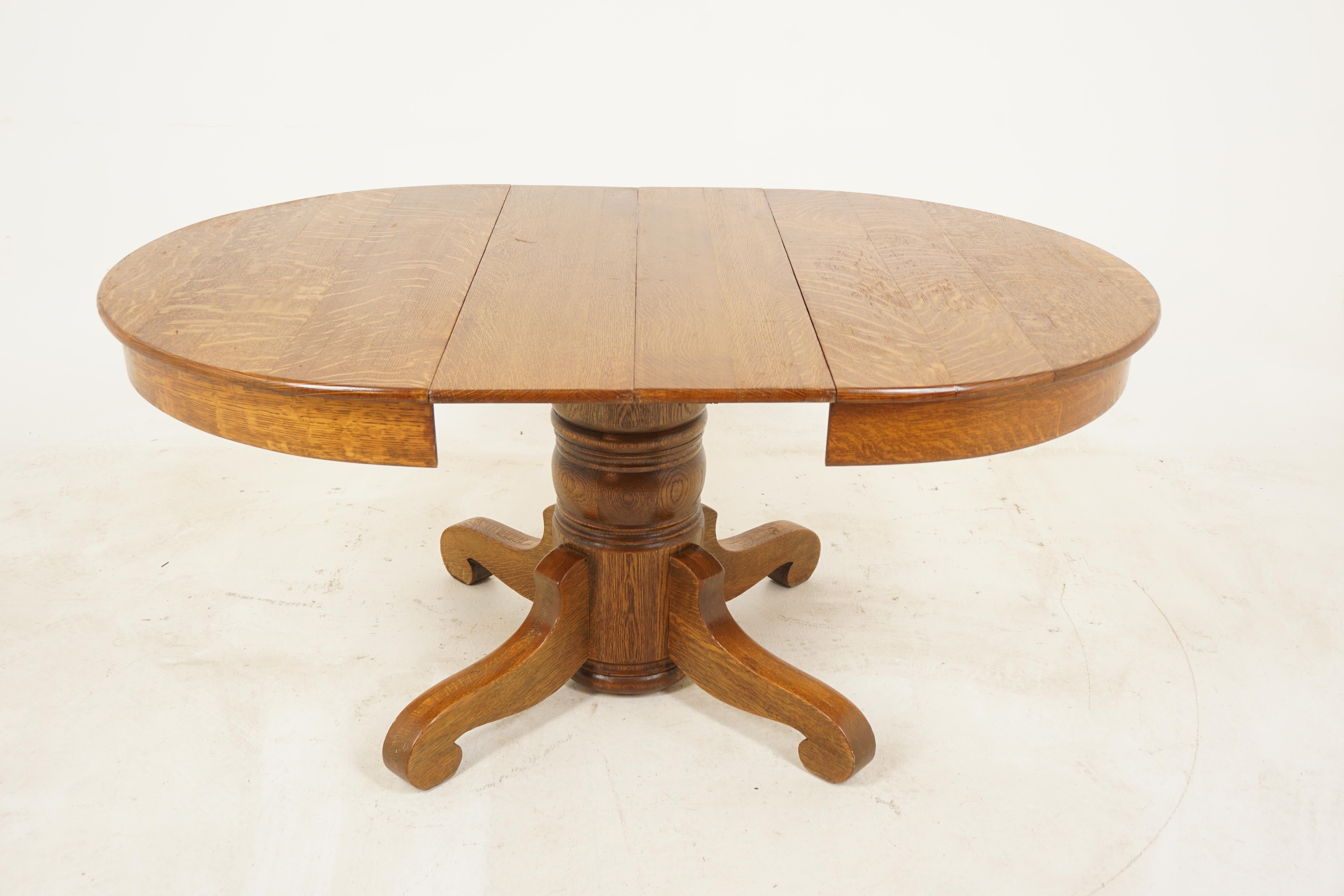 American Antique Tiger Oak Round Table Pedestal Base, 2 Leaves, America 1910, B2873
