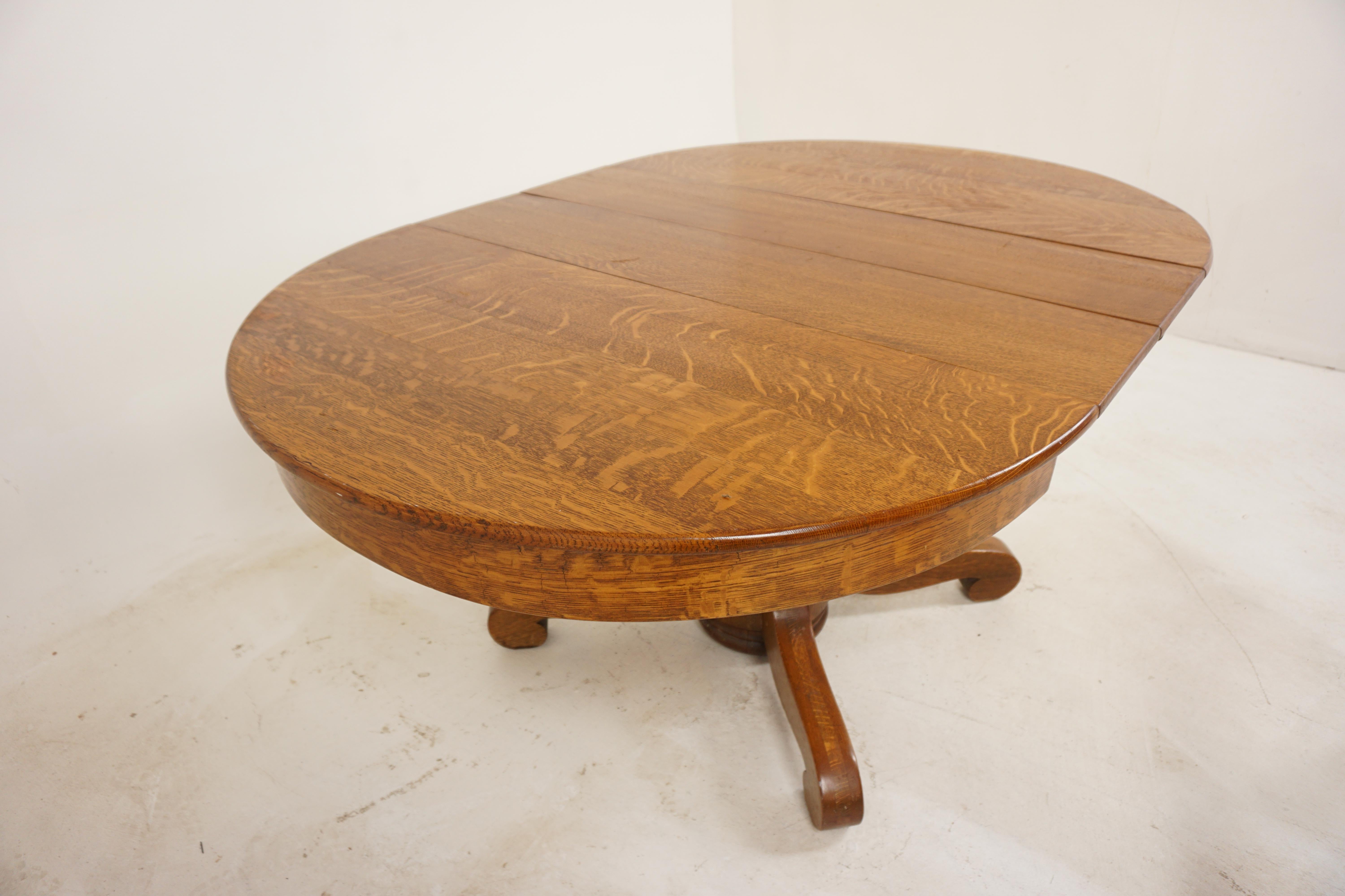 Antique Tiger Oak Round Table Pedestal Base, 2 Leaves, America 1910, B2873 In Good Condition In Vancouver, BC