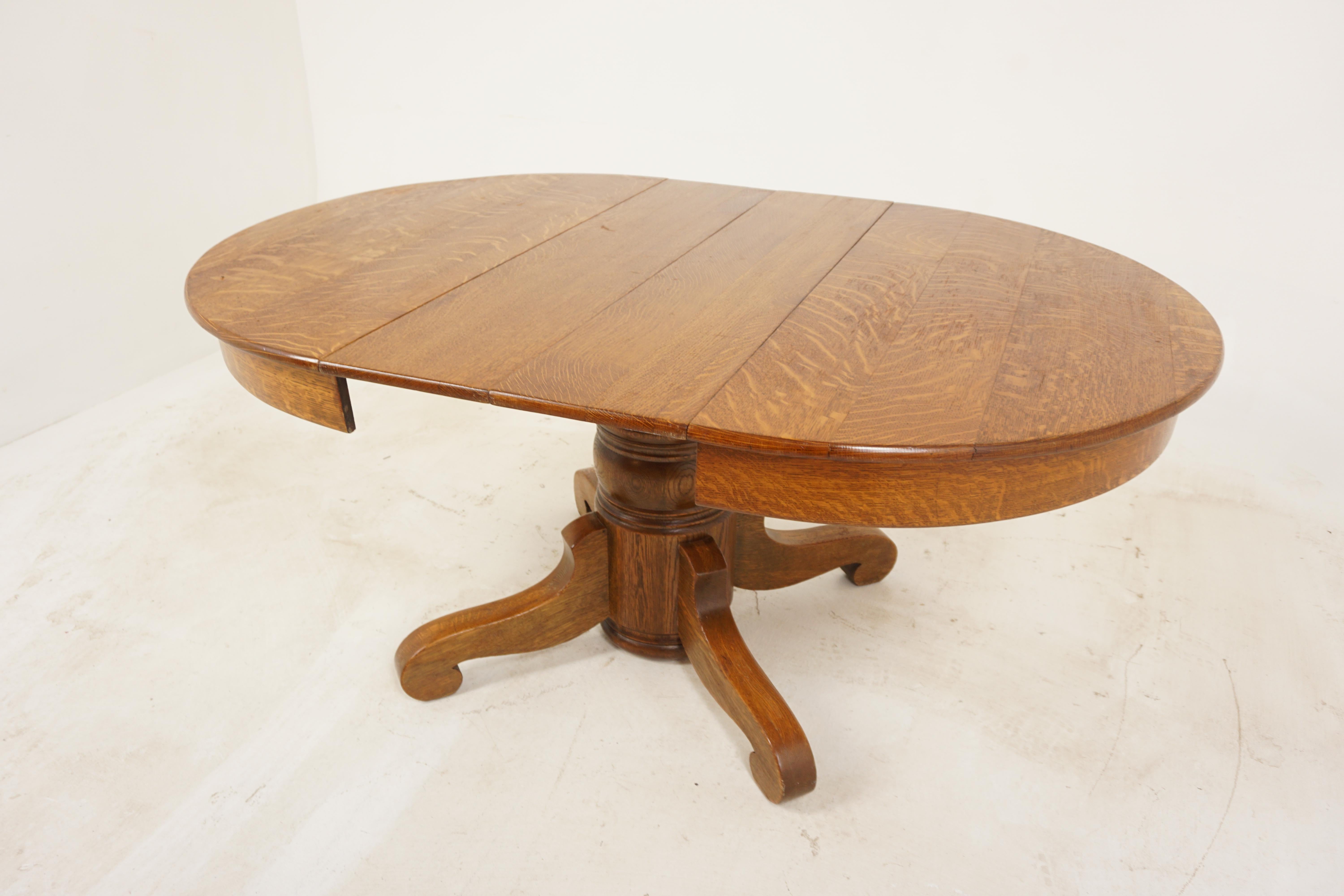 Early 20th Century Antique Tiger Oak Round Table Pedestal Base, 2 Leaves, America 1910, B2873