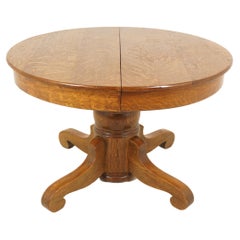 Antique Tiger Oak Round Table Pedestal Base, 2 Leaves, America 1910, B2873