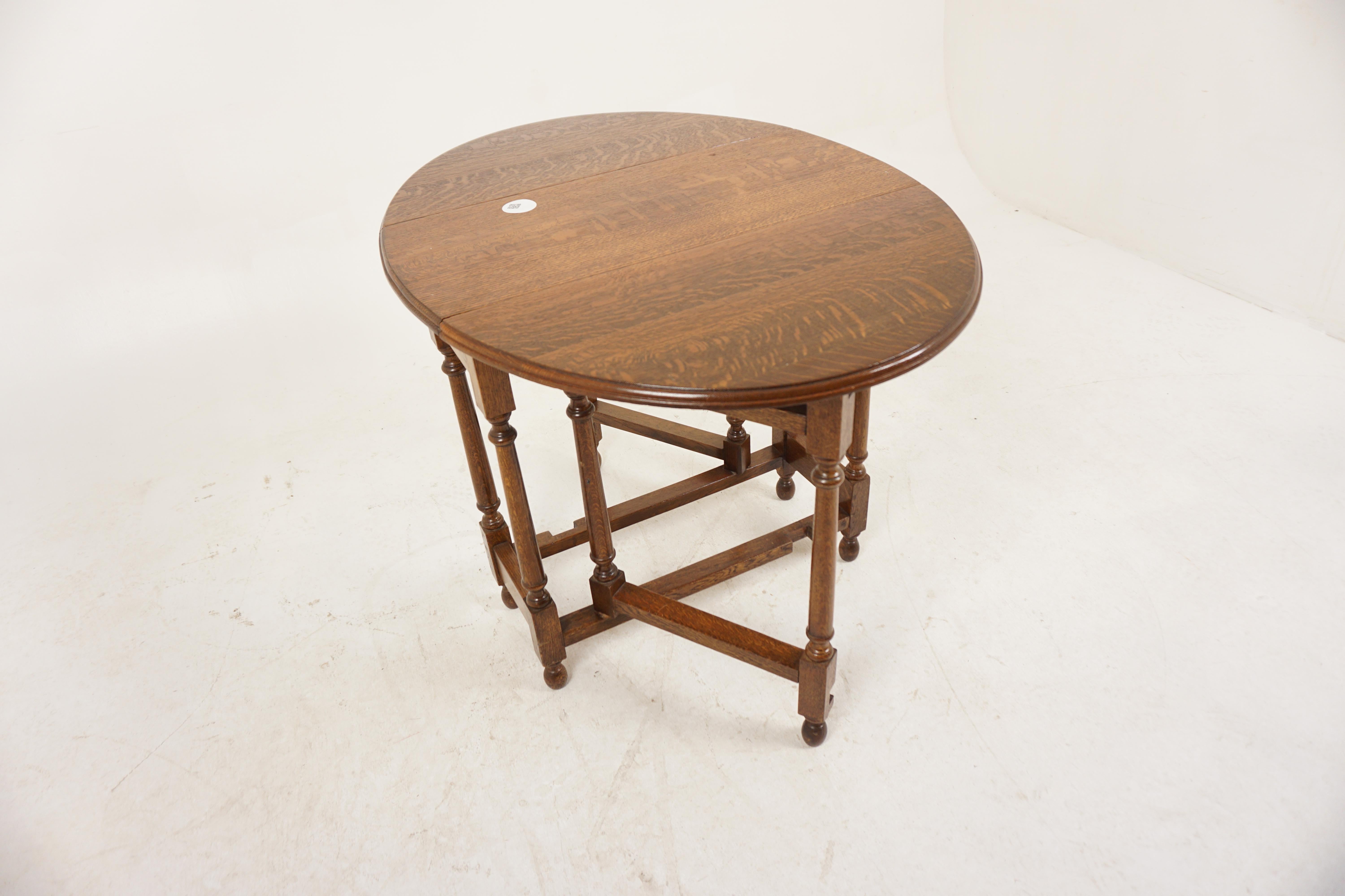Scottish Antique Tiger Oak Table, Small Gateleg Drop Leaf End Table, Scotland 1930, H1115