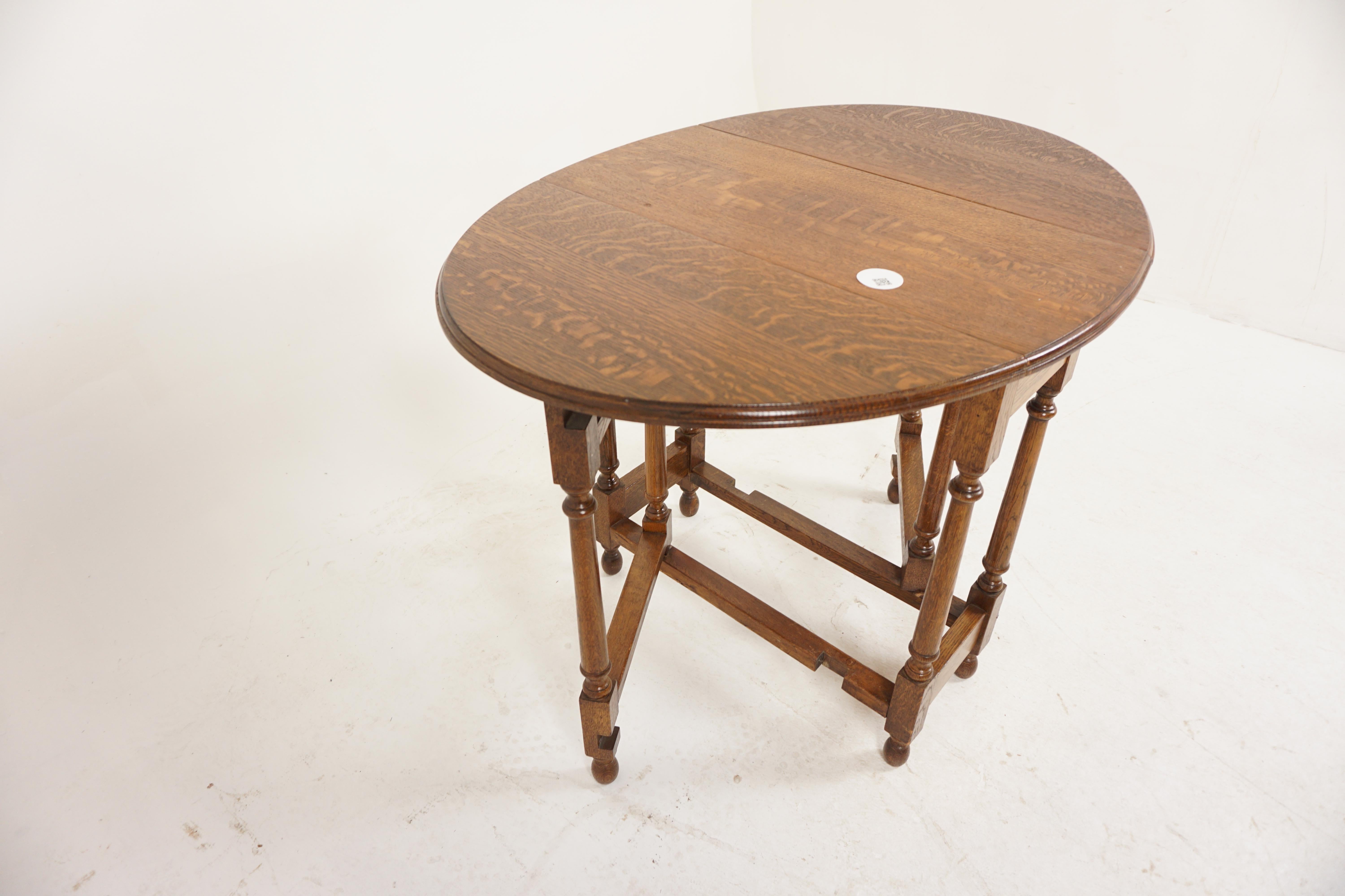 Antique Tiger Oak Table, Small Gateleg Drop Leaf End Table, Scotland 1930, H1115 1