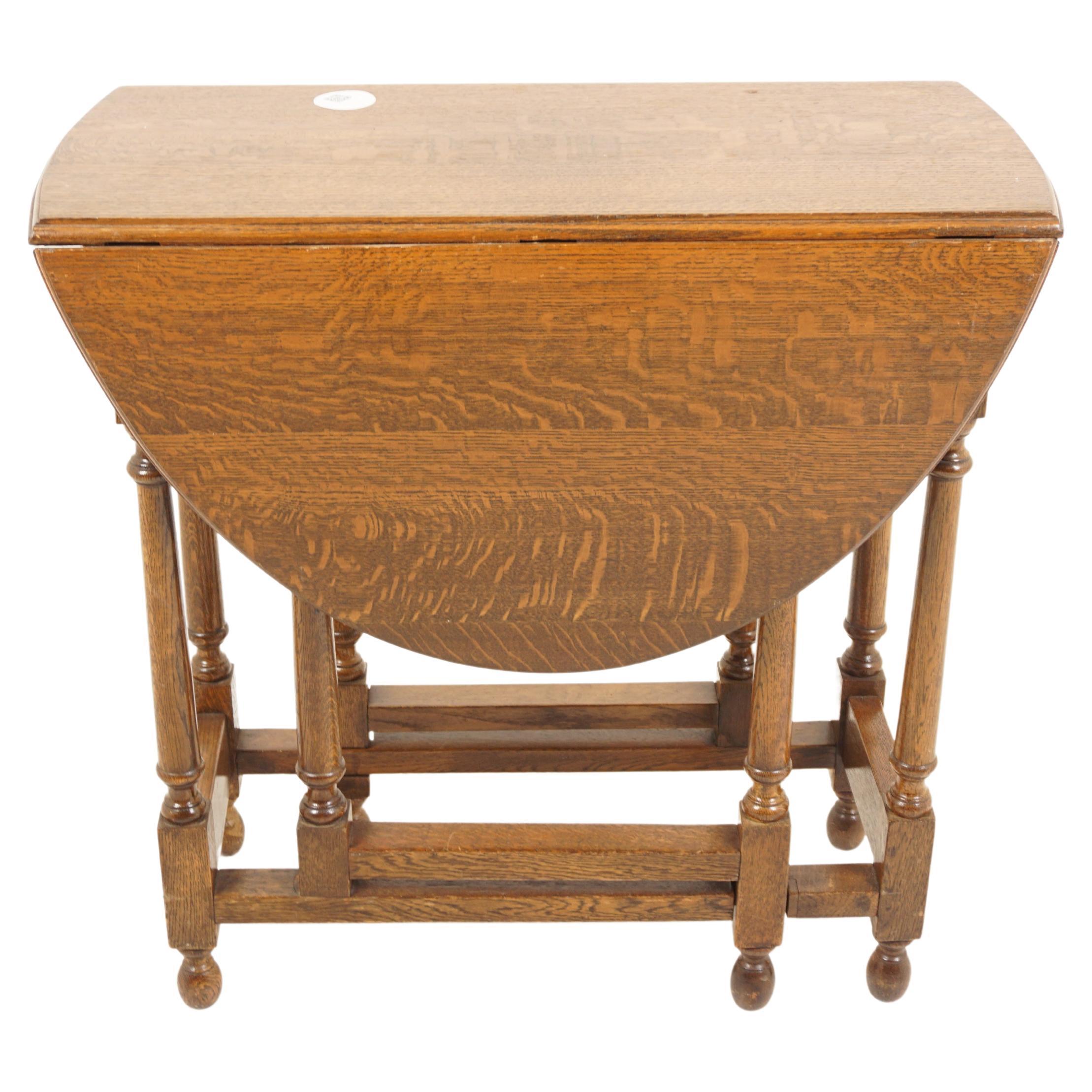 Antique Tiger Oak Table, Small Gateleg Drop Leaf End Table, Scotland 1930, H1115