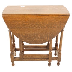Antique Tiger Oak Table, Small Gateleg Drop Leaf End Table, Scotland 1930, H1115