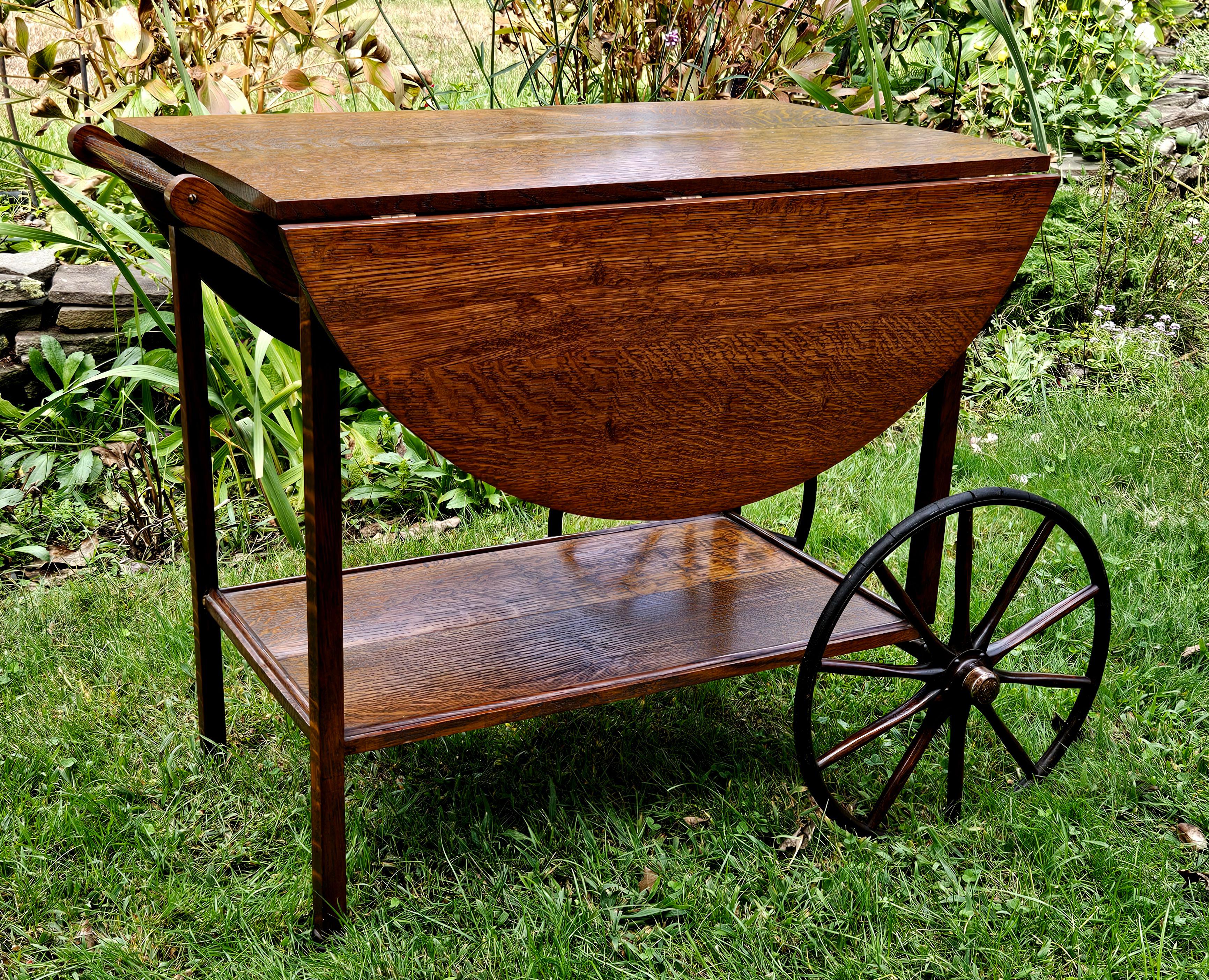 Antique Tiger oak Tea Cart Server Cart With Removable Glass Tray Top For Sale 4