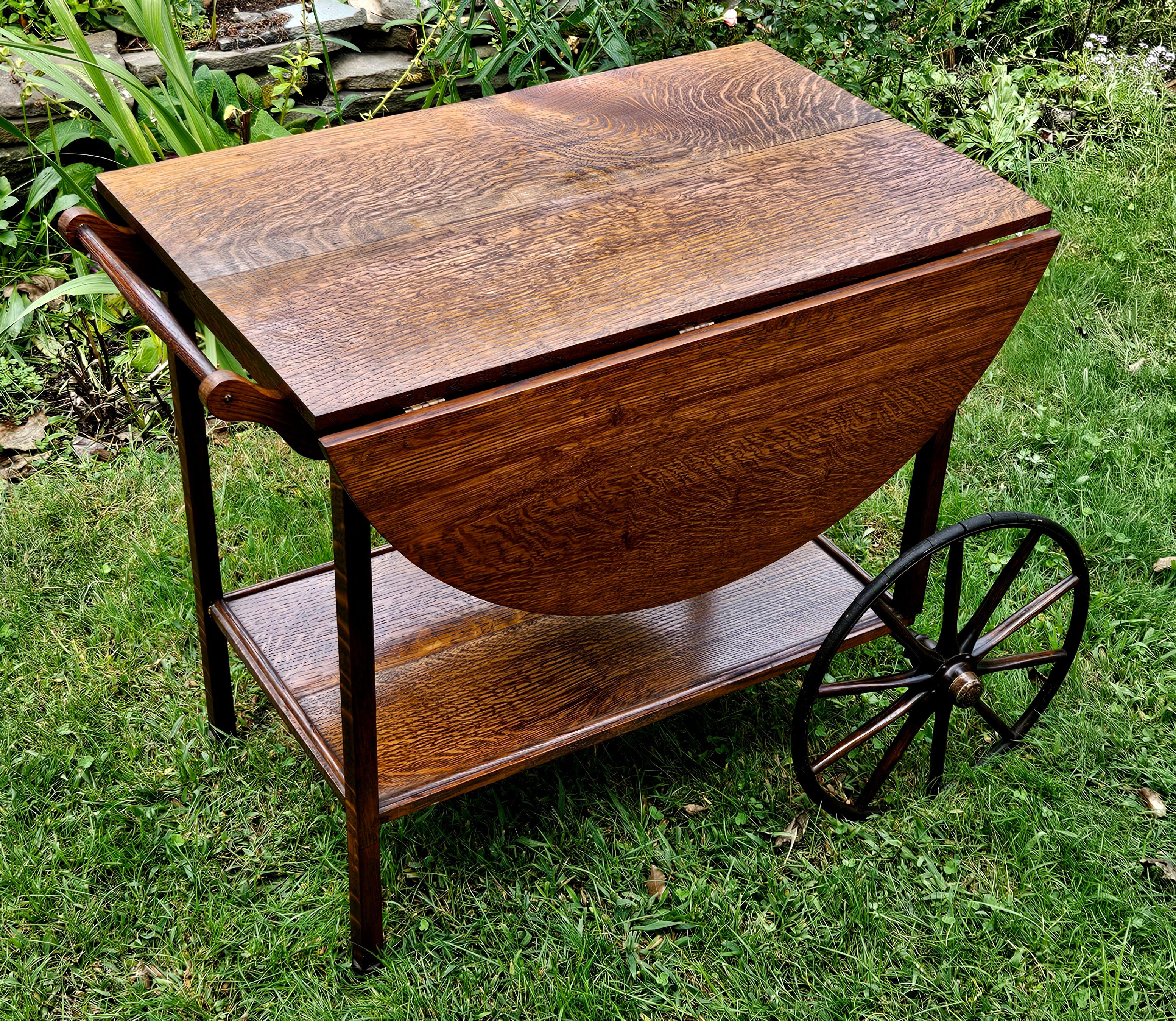 Antique Tiger oak Tea Cart Server Cart With Removable Glass Tray Top For Sale 5