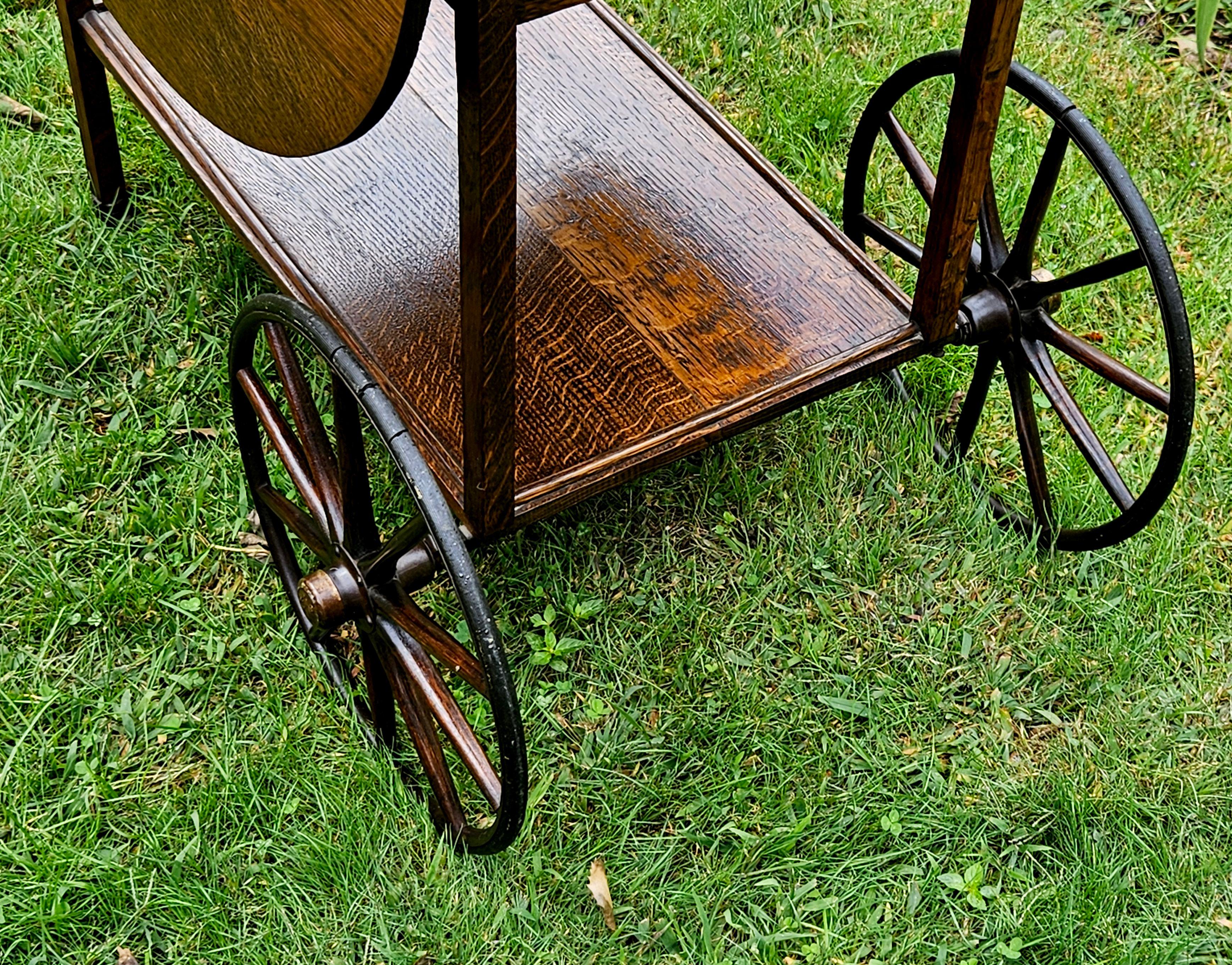 Antique Tiger oak Tea Cart Server Cart With Removable Glass Tray Top For Sale 8