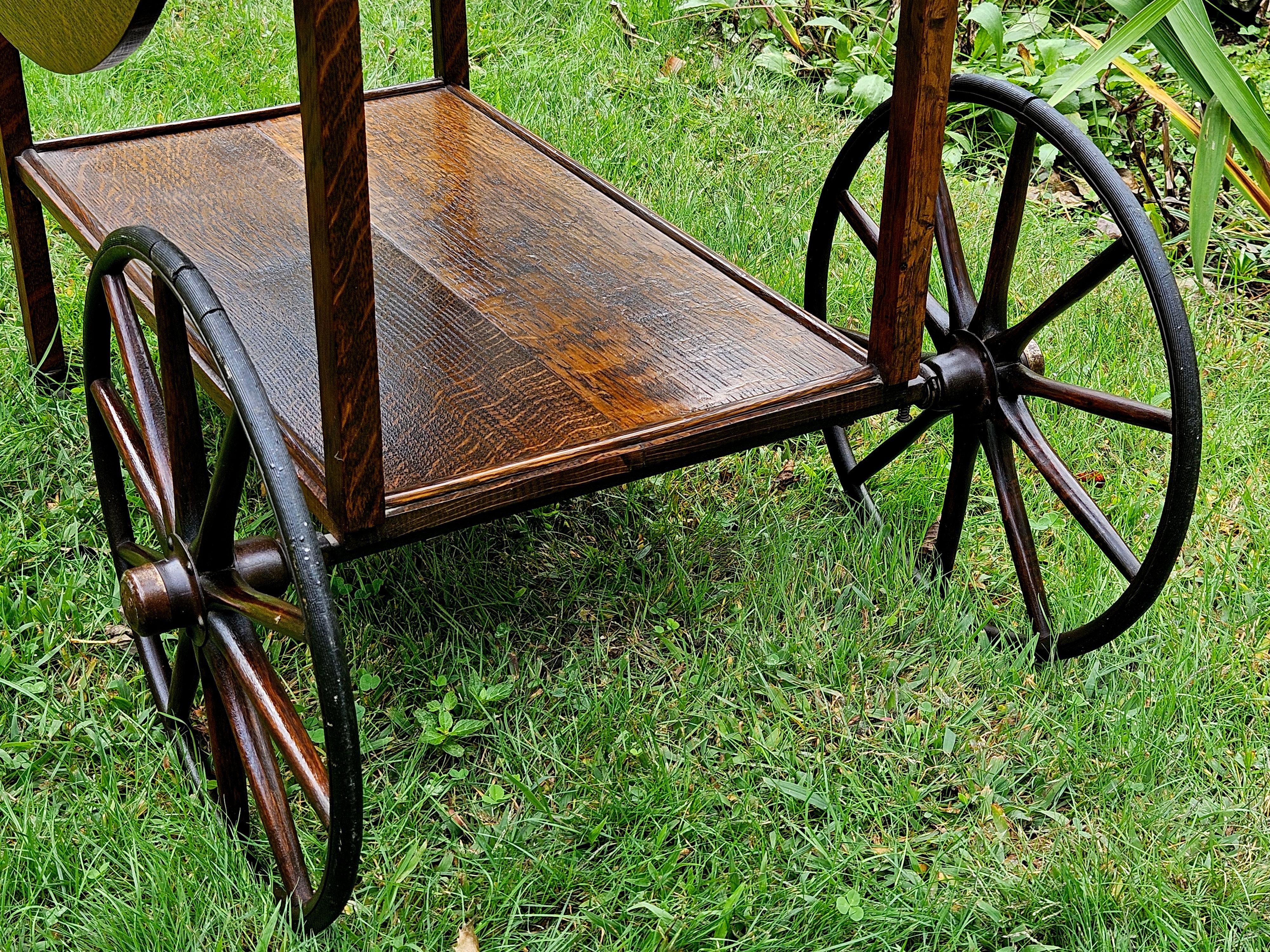Antique Tiger oak Tea Cart Server Cart With Removable Glass Tray Top For Sale 9