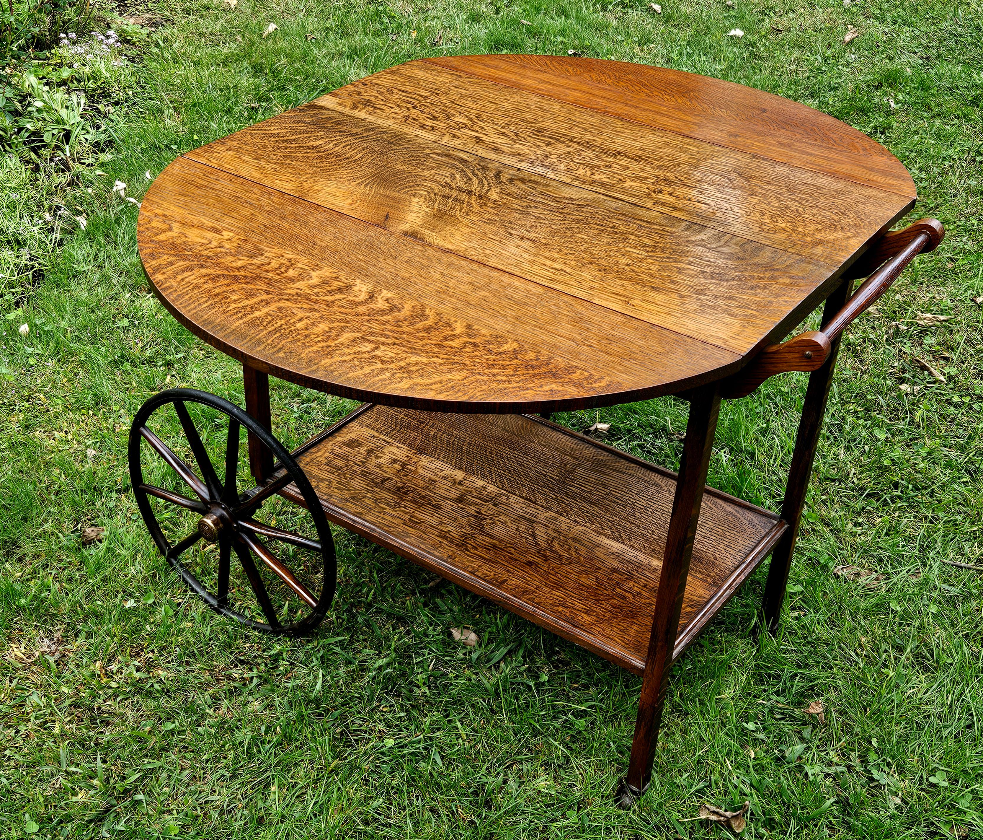 Antique Tiger oak Tea Cart Server Cart With Removable Glass Tray Top For Sale 12