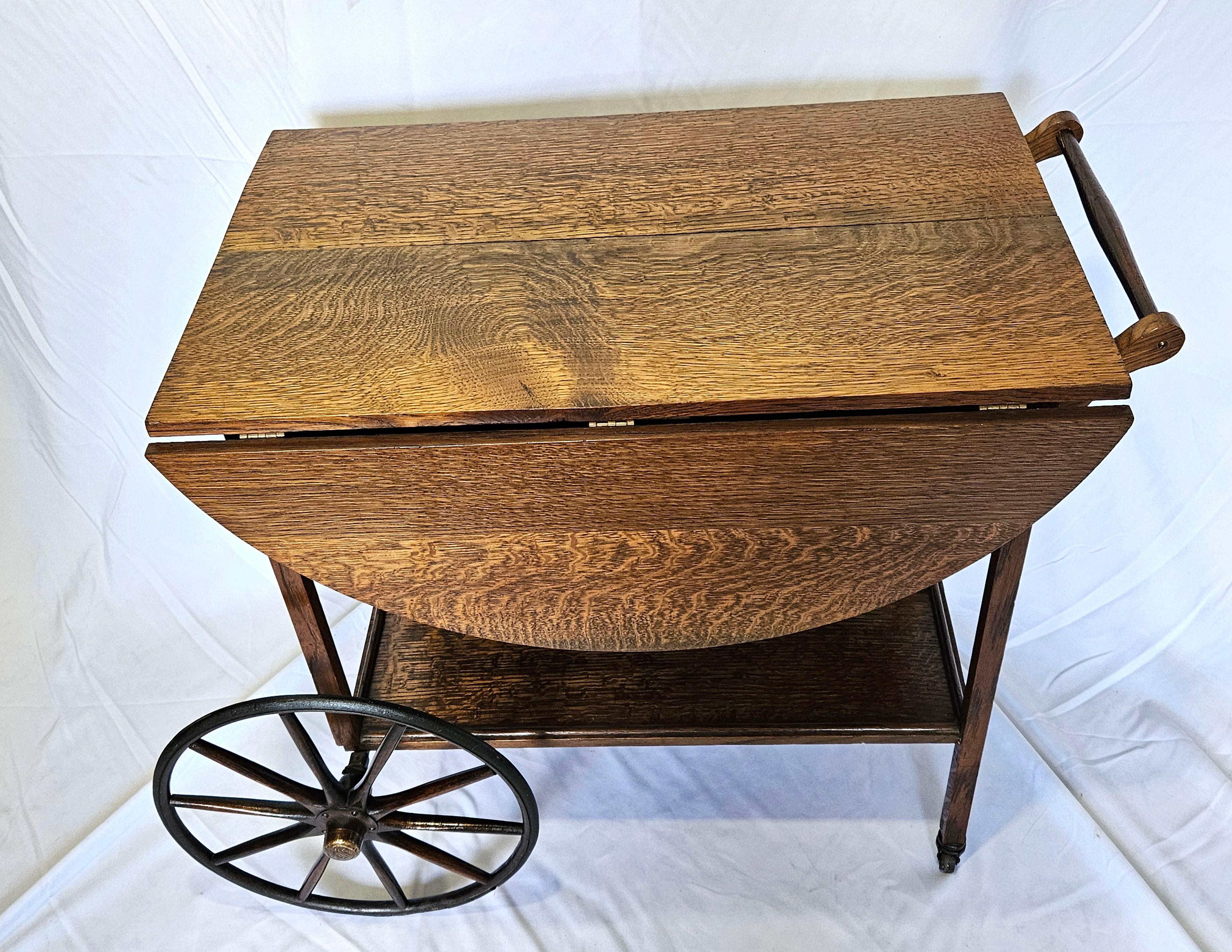 Regency Antique Tiger oak Tea Cart Server Cart With Removable Glass Tray Top For Sale