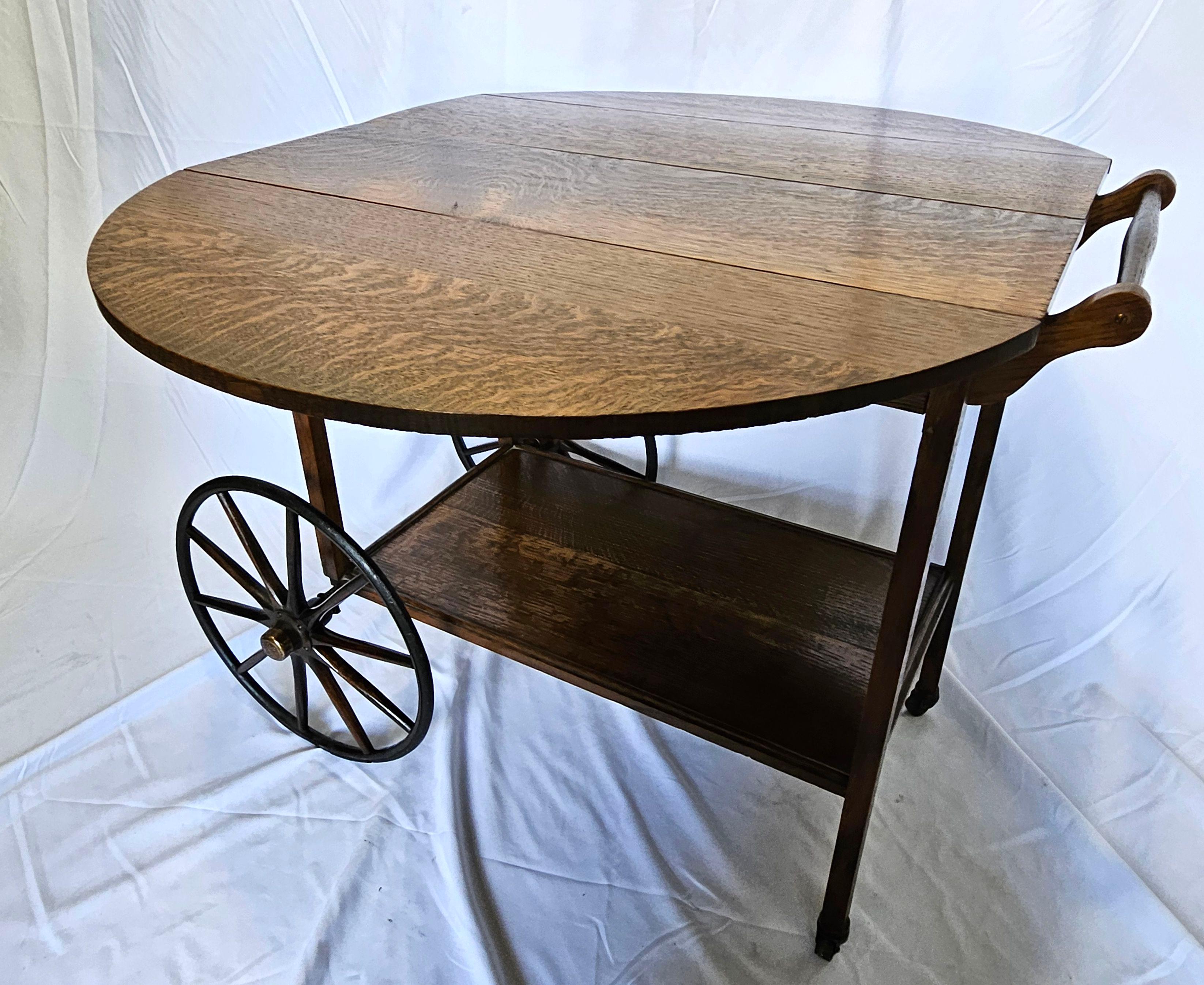 19th Century Antique Tiger oak Tea Cart Server Cart With Removable Glass Tray Top For Sale