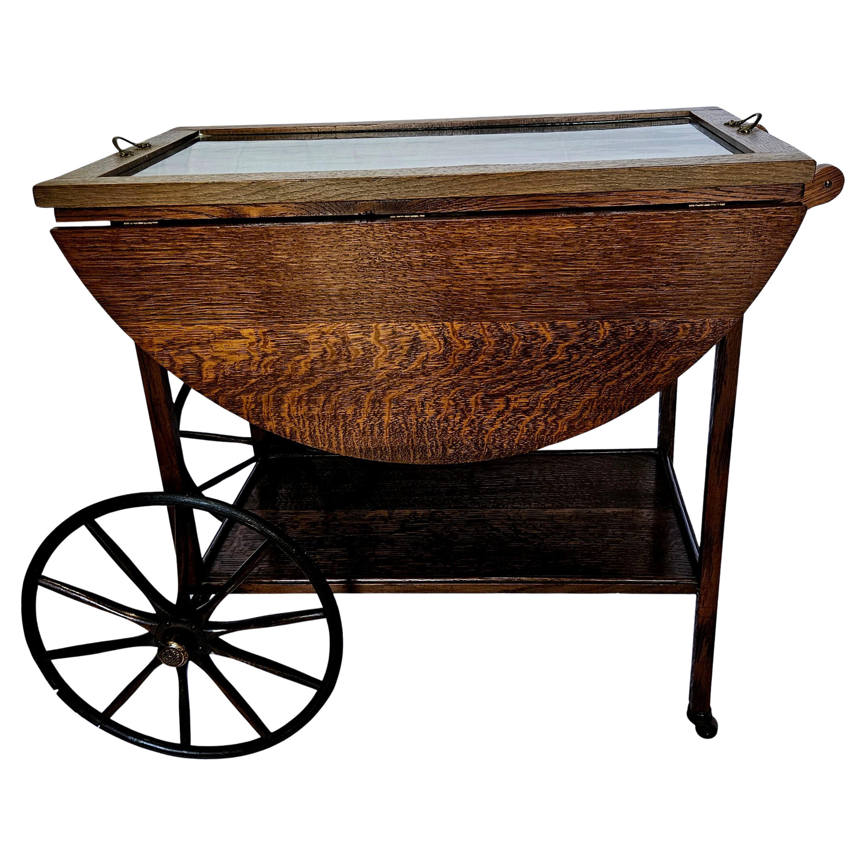 Antique Tiger oak Tea Cart Server Cart With Removable Glass Tray Top For Sale