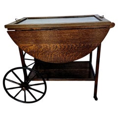 Antique Tiger oak Tea Cart Server Cart With Removable Glass Tray Top